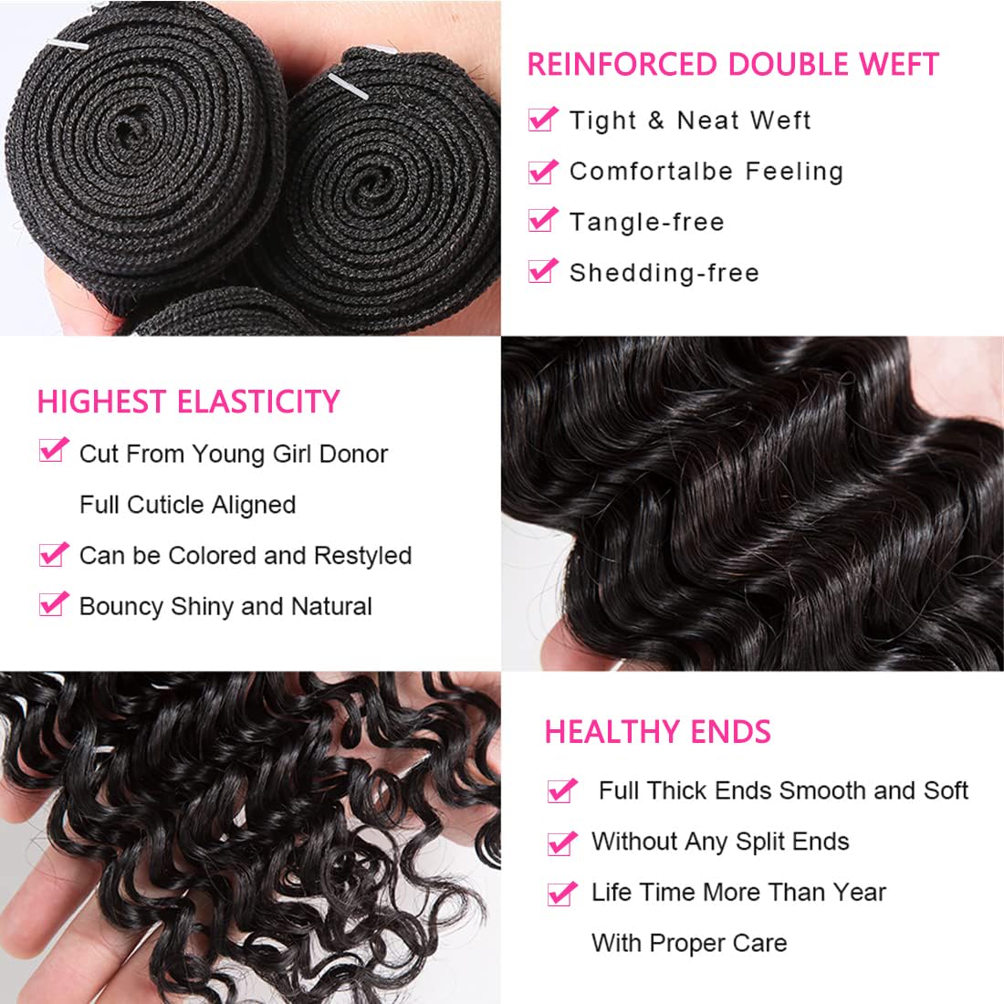 Deep Wave Human Hair Bundles 16 18 20 Inch Brazilian Hair Deep wave 100% Unprocessed Virgin Remy Hair Deep Curly Bundles Human Hair Double Weft Natural Color for Black Women