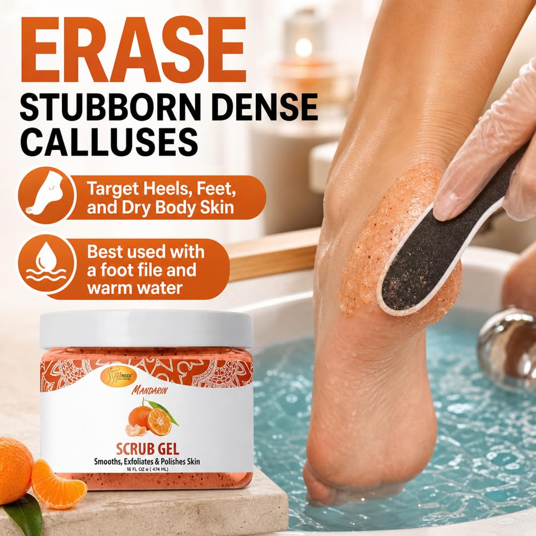 SPA REDI - Exfoliating Scrub Pumice Gel, Mandarin, 16 Oz - Manicure, Pedicure and Body Exfoliator Infused with Hyaluronic Acid, Amino Acids, Panthenol and Comfrey Extract