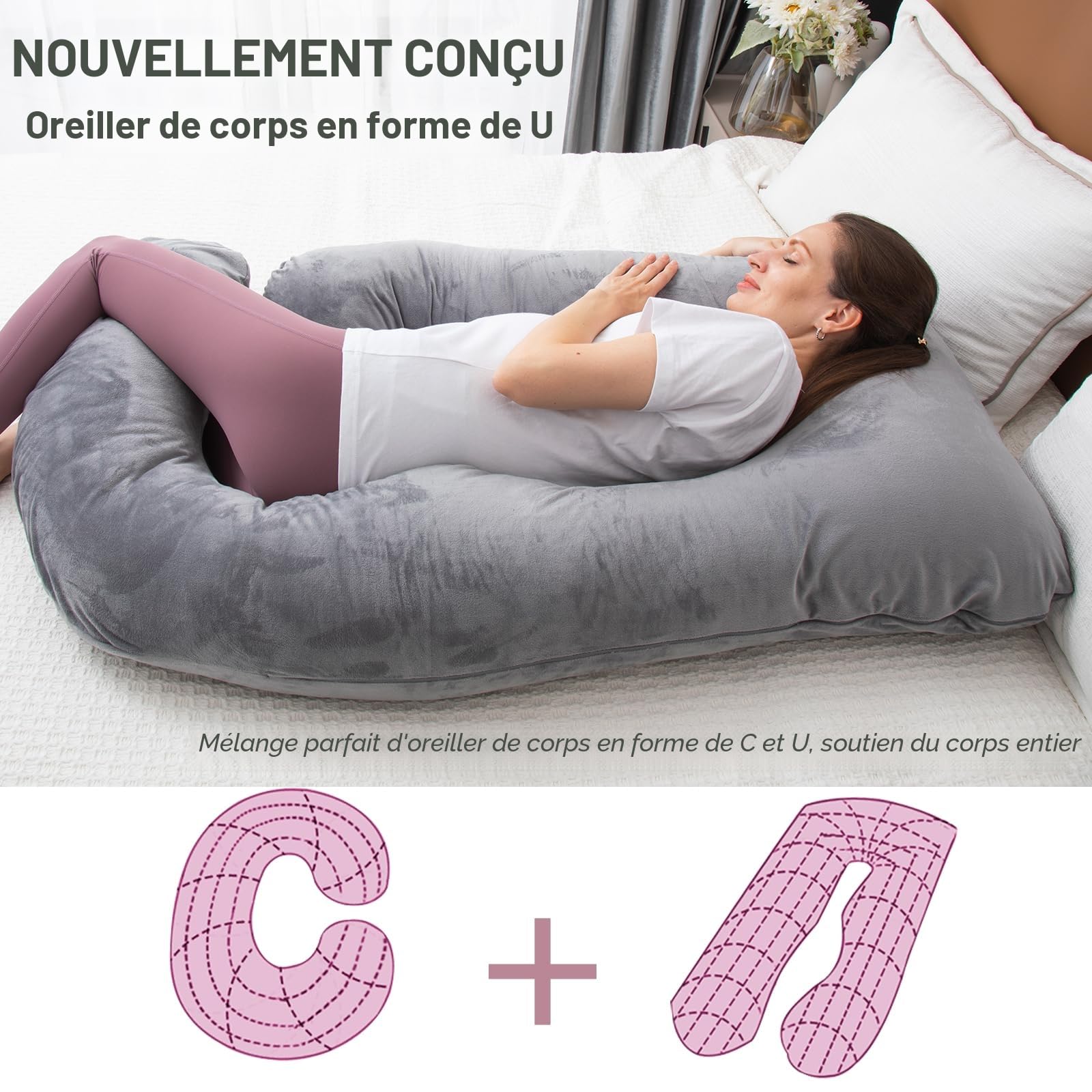 Coussin de Grossesse Complet en Forme de U avec Housse Amovible pour Femmes Enceintes, Coussin de Grossesse pour Dormir, Soutien pour Le Dos, Les Jambes, Le Ventre,(Mousse à mémoire de Forme,Gris)