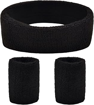 BLMHTWO 3 Pieces of Sweat Band Set, Headbands for Men Kids Sweatbands Including 1 Headband and 2 Wristbands Black Cotton Super Soft and Comfy Sweatband for Tennis Working Out Boxing Gym