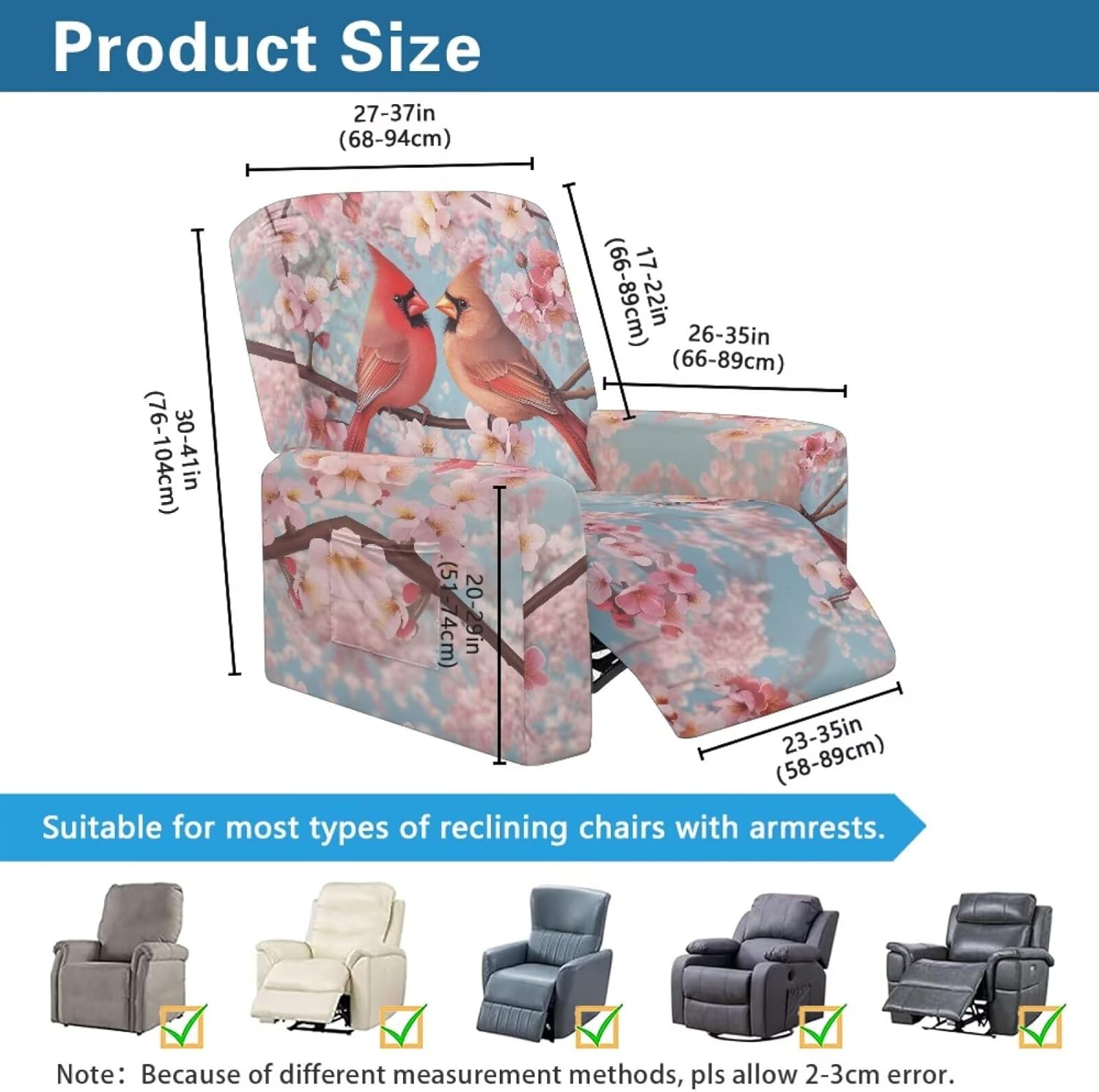 Cardinal Bird Pink Cherry Flower Print Stretch Recliner Slipcover Single Reclining Cover with Pocket for Lazyboy Recliner Chair 4 Pcs Furniture Protector