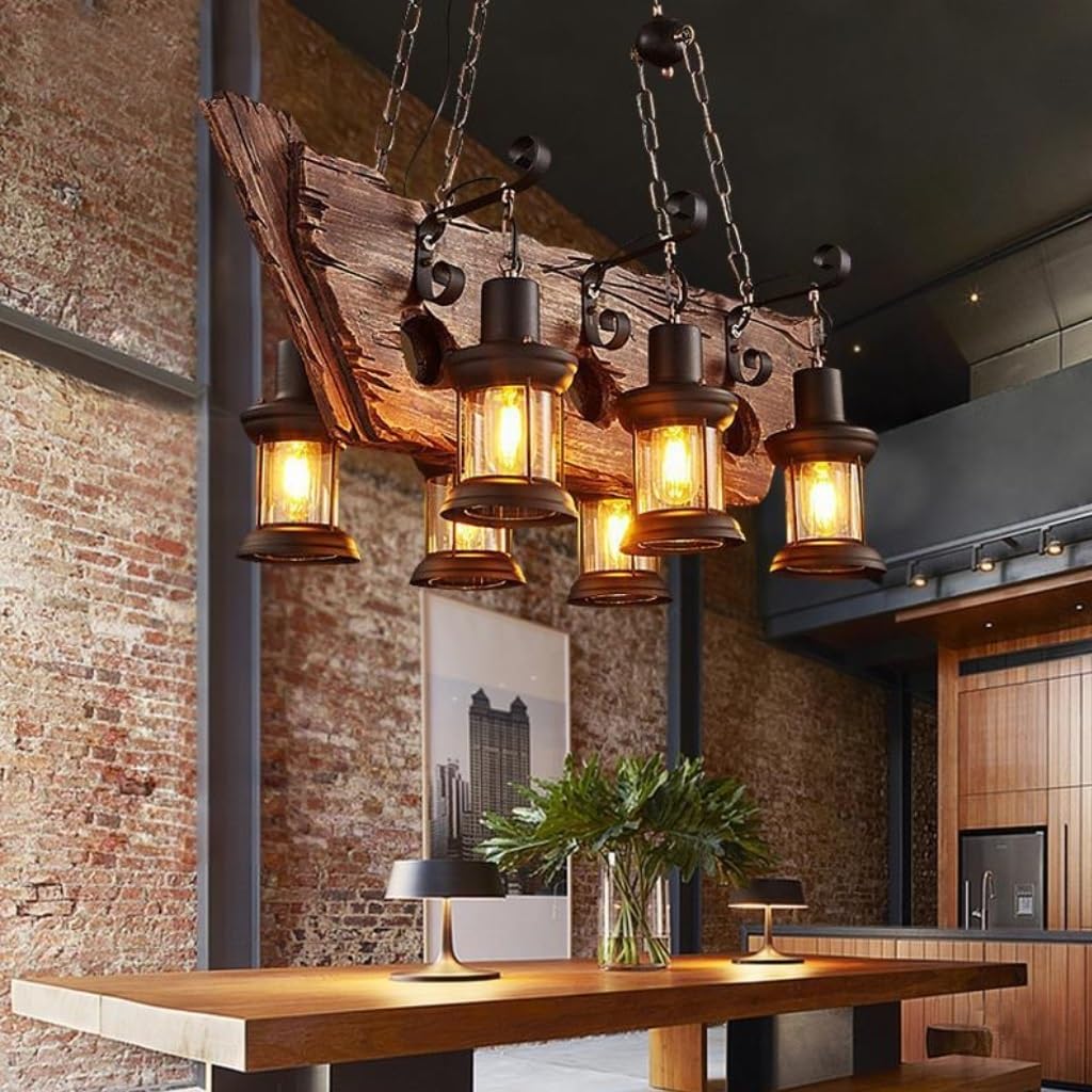Retro Chandelier Industrial Style Wooden Chandelier Old Handicraft Retro Dining Table Chandelier Kitchen Island Restaurant Bar Chandelier Ceiling Light (Size : D)