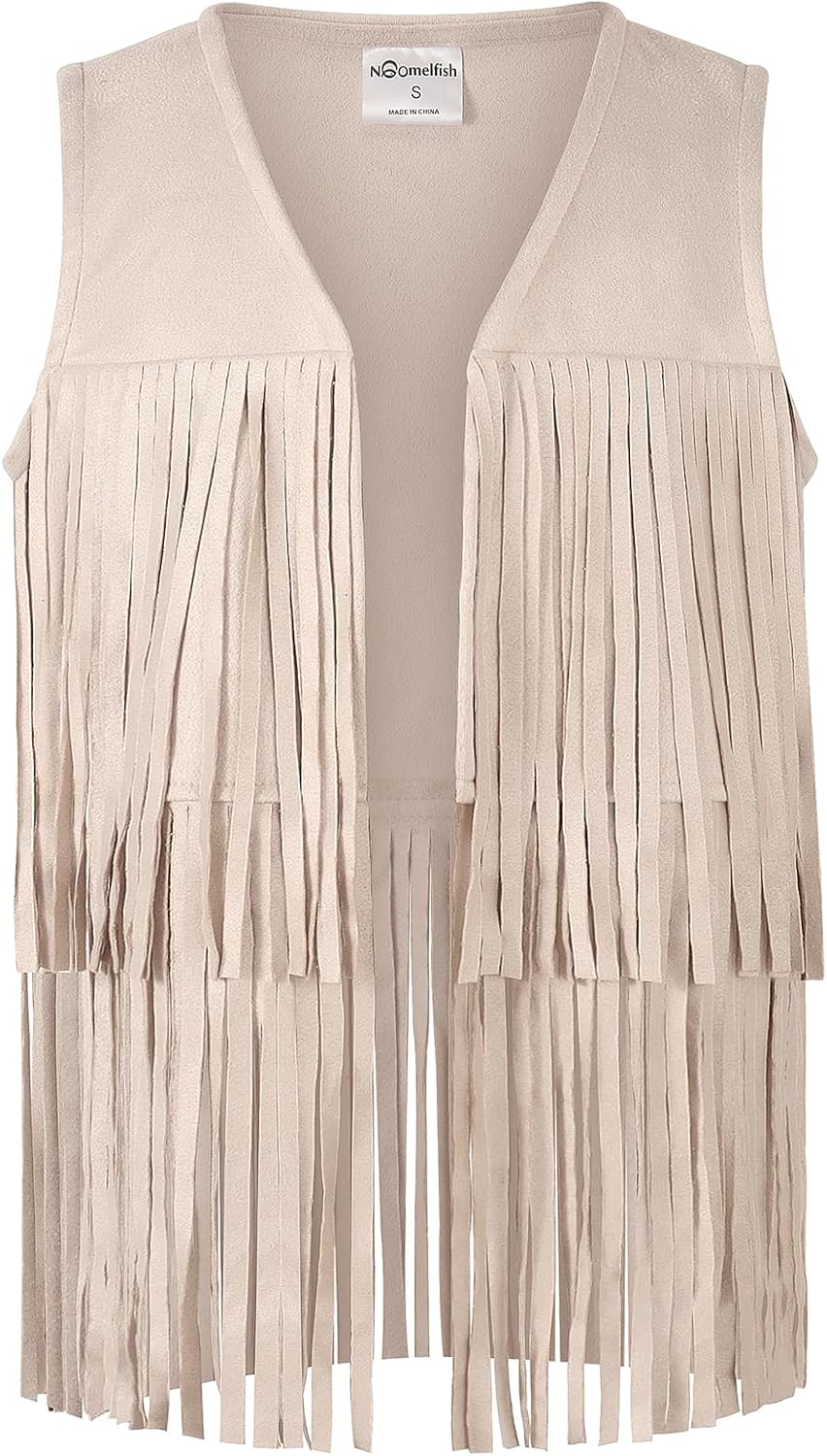 Noomelfish Girls Faux Suede Fringe Vest Sleeveless Boho Tassels Jacket Cardigan (5-12 Years)