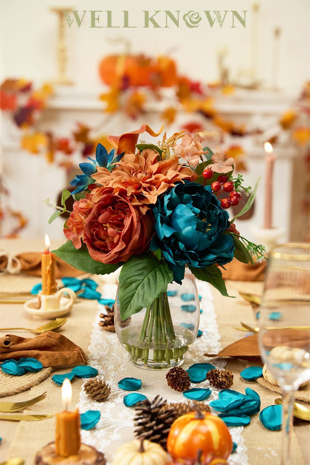 Artificial Flowers in Vase with Fake Water, Faux Silk Peony Dahlia Bouquet, Teal Burnt Orange Flowers Arrangement for Dining Table Centerpiece Wedding Party Spring Home Decor & Birthday Gift - Image 2