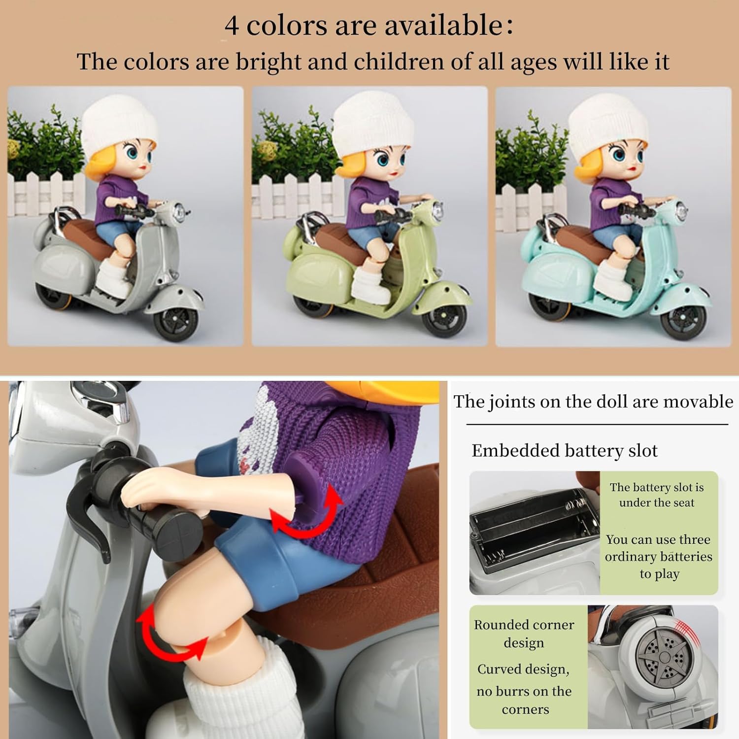 Liotww Motorcycles Scooter Toy Doll - with Light and Music, Cute Have a Seat for Accessories, Decor Desktop Ornaments Collectors (Off-White)