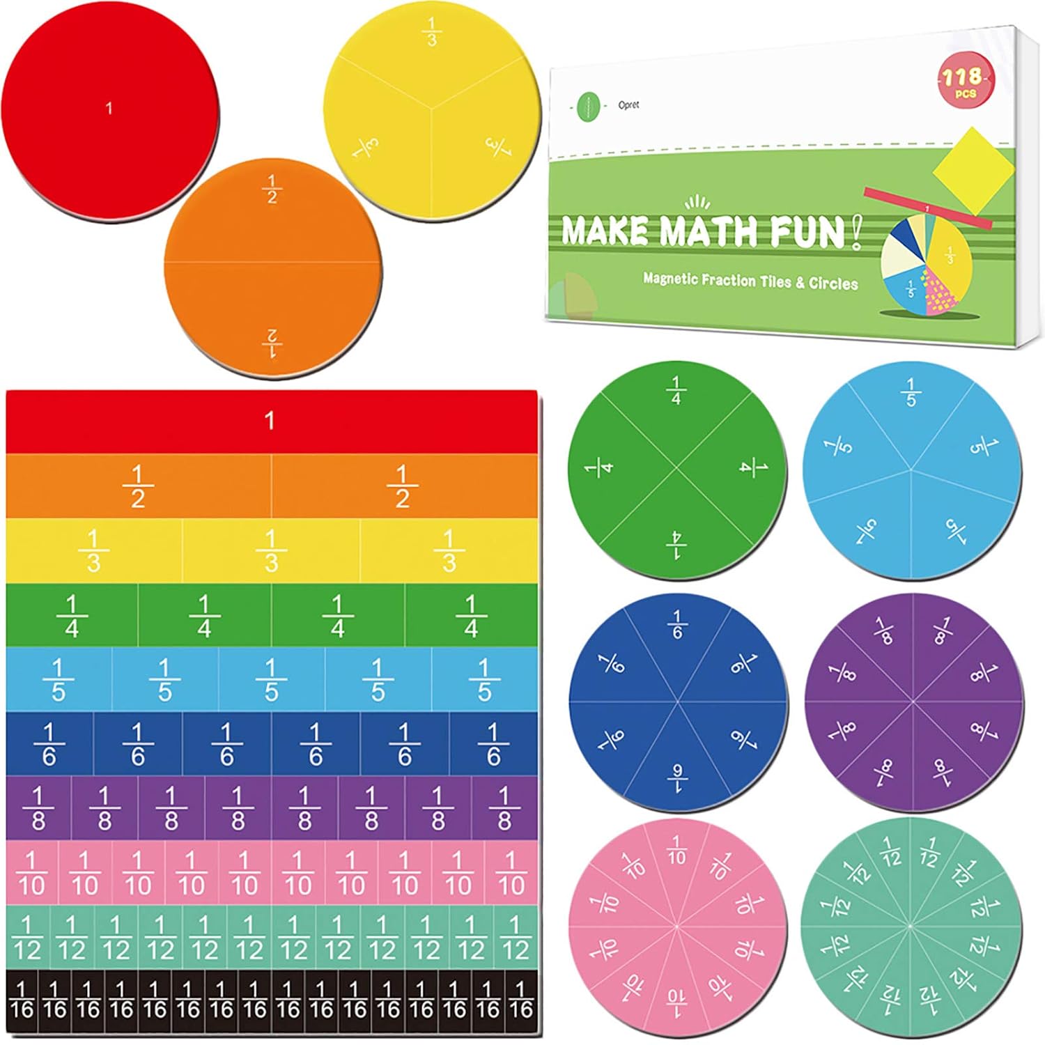 Amazon Com Magnetic Fraction Tiles Circles 19 Set 118 Pcs Opret Rainbow Math Manipulatives For Preschool Elementary School Educational Resources Classroom Educational Kit Christmas Gift Toys Games