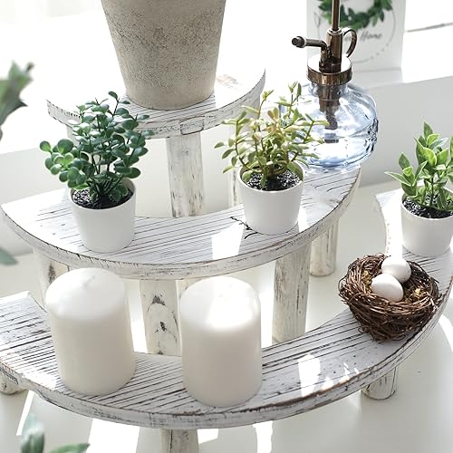 Miniatura 6 de Soporte de madera para cupcakes de 3 niveles, rústico, encalado, escalonado, elevador de exhibición de cupcakes, semicírculo, blanco, soporte para