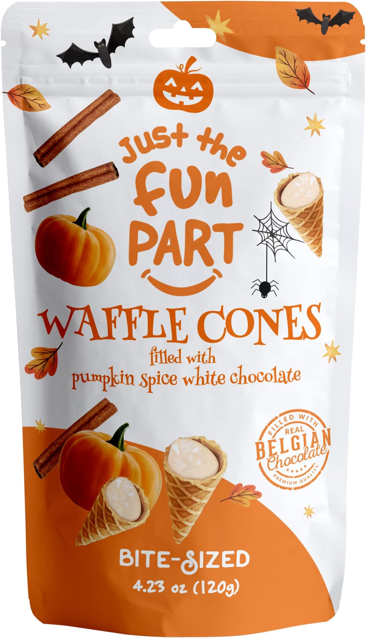 Just The Fun Part, Bite-Size Crispy Mini Waffle Cones, Filled with Premium Belgian Chocolate, Great for Snacks, Dessert, Grab & Go - Kosher, Pumpkin Spice and White Chocolate (Pack of 1)
