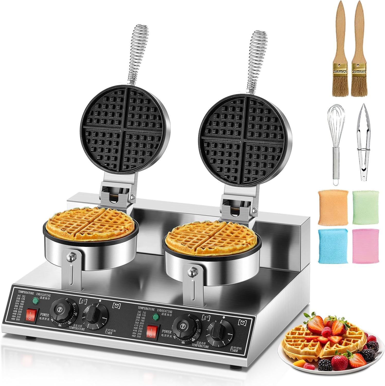 FOHERE Commercial Waffle Maker, Non-Stick Double Head Round Waffle Baker Machine,2400W Stainless Steel Belgian Waffle Iron with Temp and Time Control, Handle,for Restaurant Bakery Snack Bar