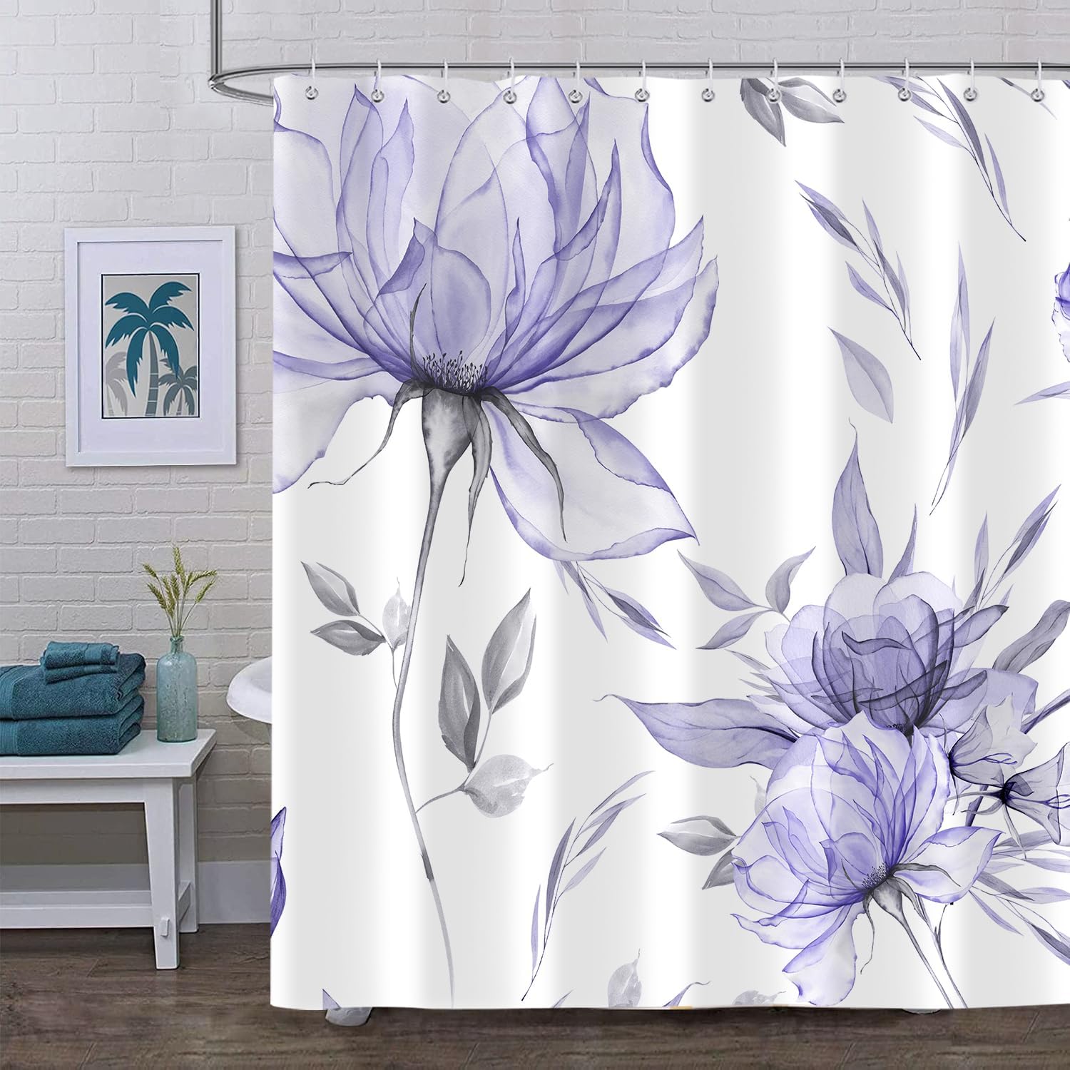 Purple Grey Watercolor Floral Shower Curtain, Flower Leaves Minimalist Aesthetic Art Shower Curtains for Bathroom Sets Decor, Waterproof Polyester Cloth Fabric with 12 Hooks,72x84 Inch