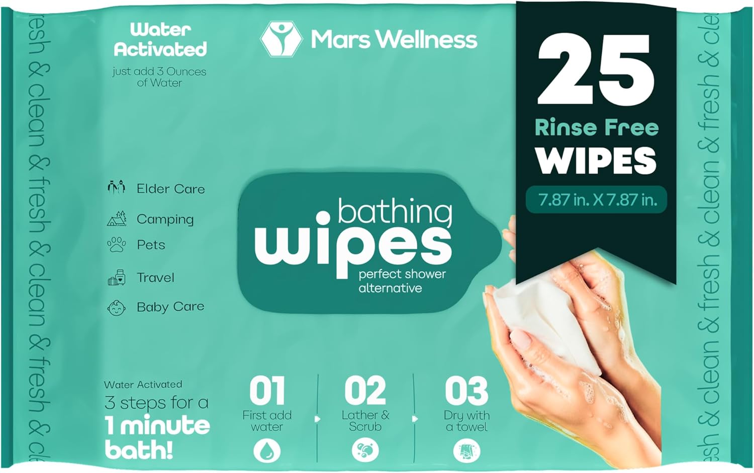 No Rinse Washing/Bathing Wipes - Just Add Water - Shower Cleansing Sponge/Wipes - Original Latherz - Soap Infused Dry Shower - Bulk Case of 20 Bags (500 Total) - By Latherz