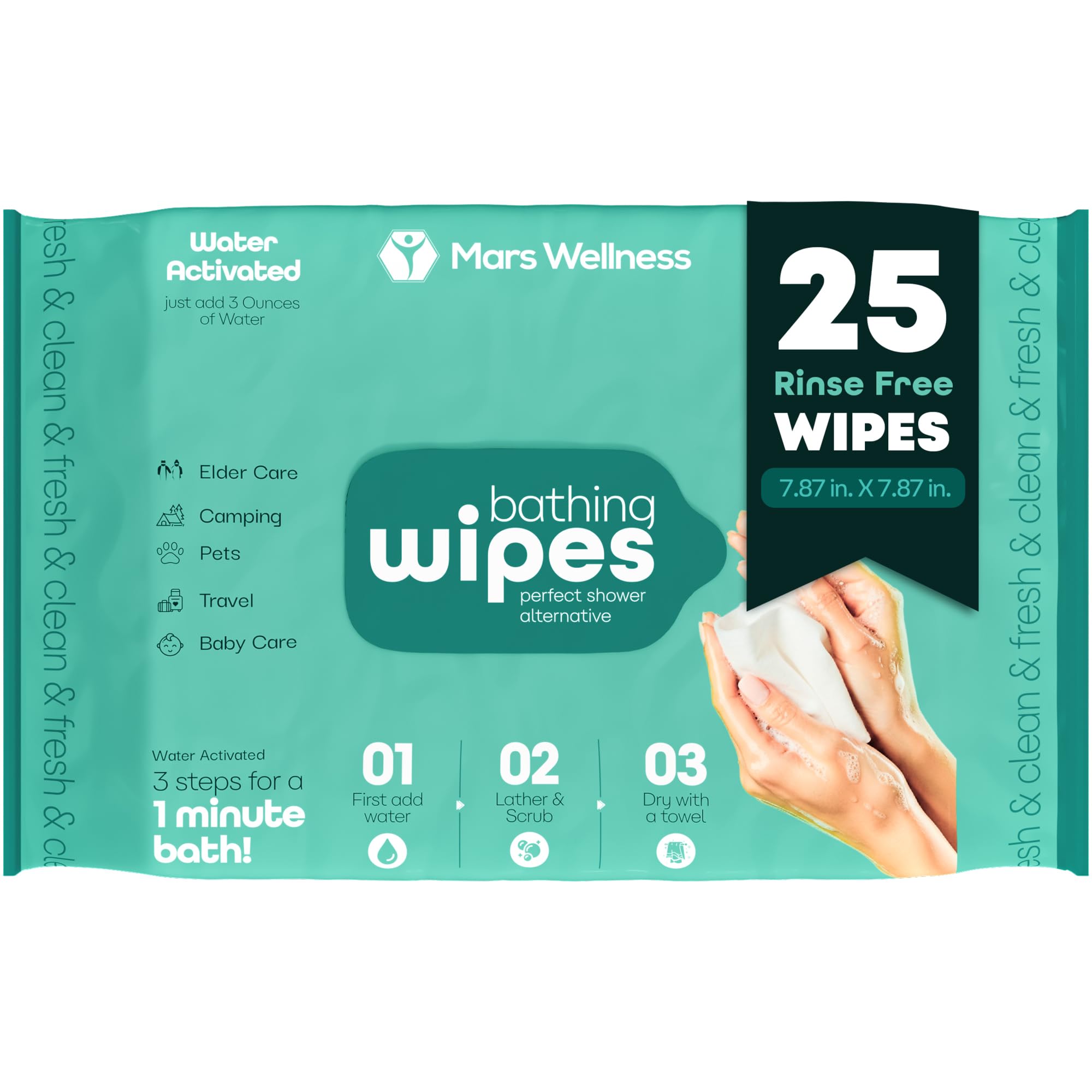 No Rinse Bathing Wipes - Just Add Water - 25 Pack - Disposable Rinse Free Bath Sponges For Adults - Original Latherz - Soap Infused Dry Shower Body Wipes - Pack of 25 Cloths