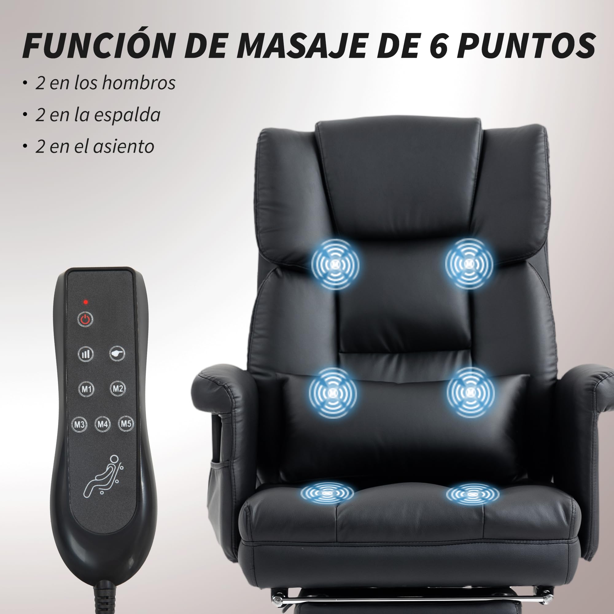 HOMCOM Silla de Oficina de PU 6 Puntos de Masaje Vibratorio Negro | Silla de Escritorio Giratoria Ergonómica, Reposapiés Retráctil, Altura Ajustable, Control Remoto, Soporte Lumbar