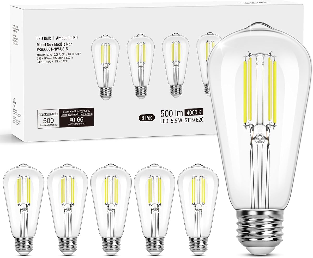Bombillas LED Edison E26 regulables Lepro, blanco neutro 4000 K, equivalente a 60 W, paquete de 6 | Bombilla vintage de filamento ST19 con cristal transparente y base mediana E26. Equivalente a 60 W, luz diurna blanca neutra de 4000 K, regulable.