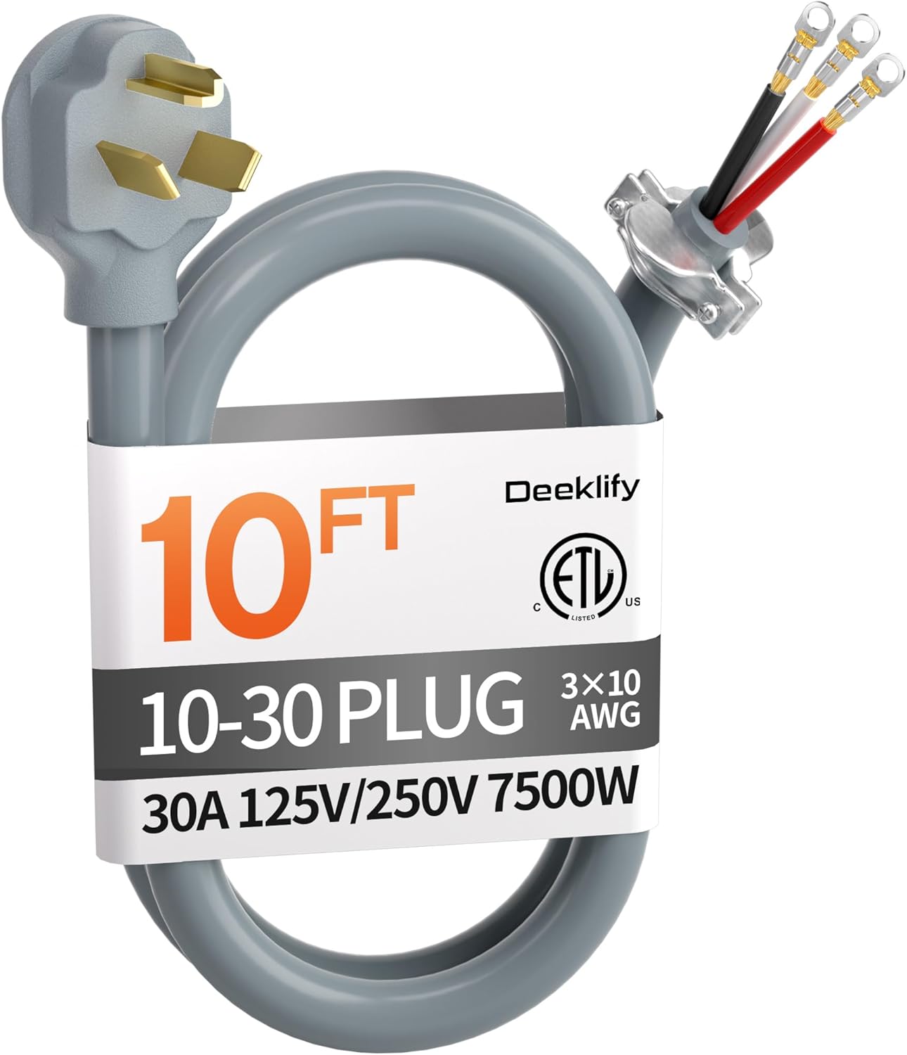 10 ft 3 Prong Dryer Cord, 30Amp 10 Gauge Dryer Power Cord Replacement, Pure Copper 3-Wire Appliance Cord with NEMA 10-30P Plug and O-Ring Terminals, 250V 7500W, ETL Listed, Gray STW