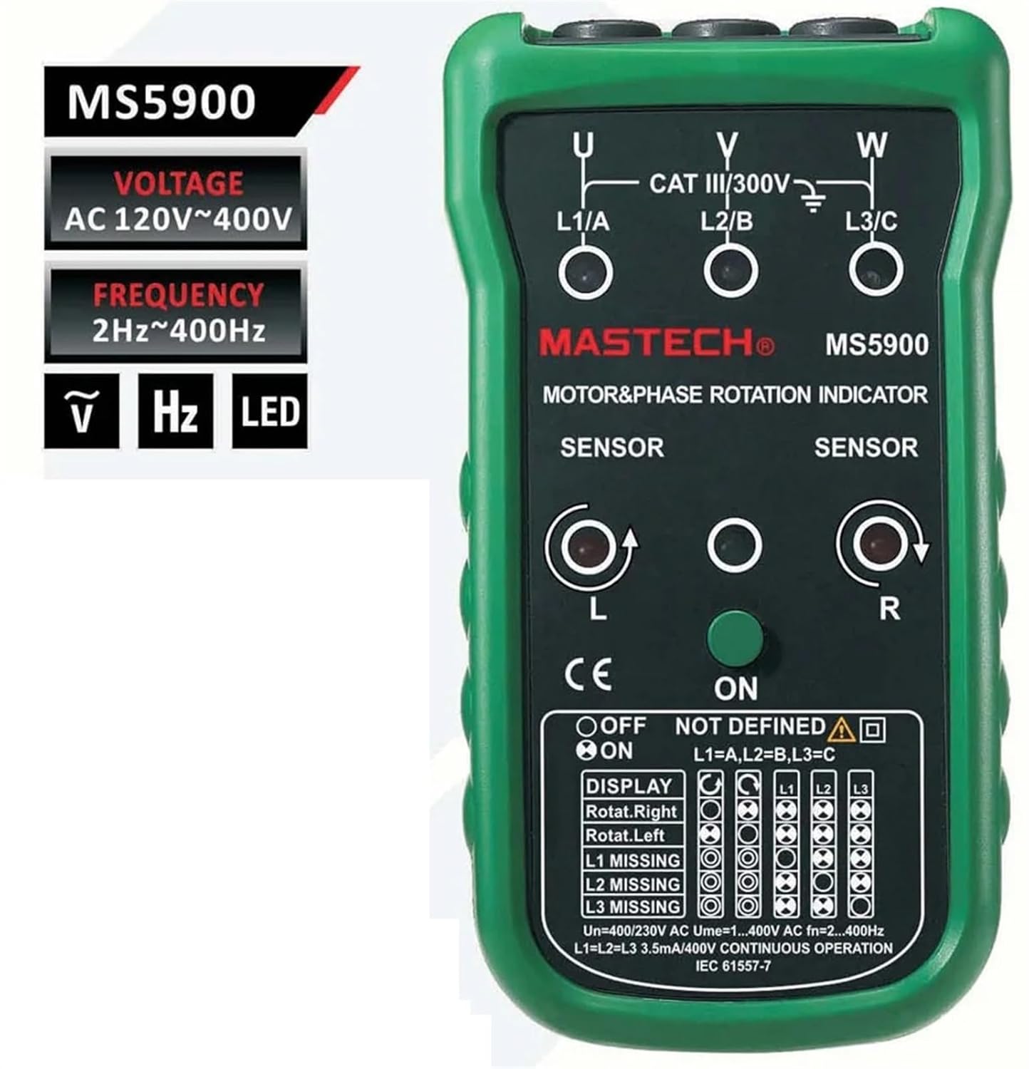MS5900 LED Field Indicator Phase Rotation Tester 3 Motor Meter Sequence Tester Non-Contact Rotary Field Indicator LCD Multimeter