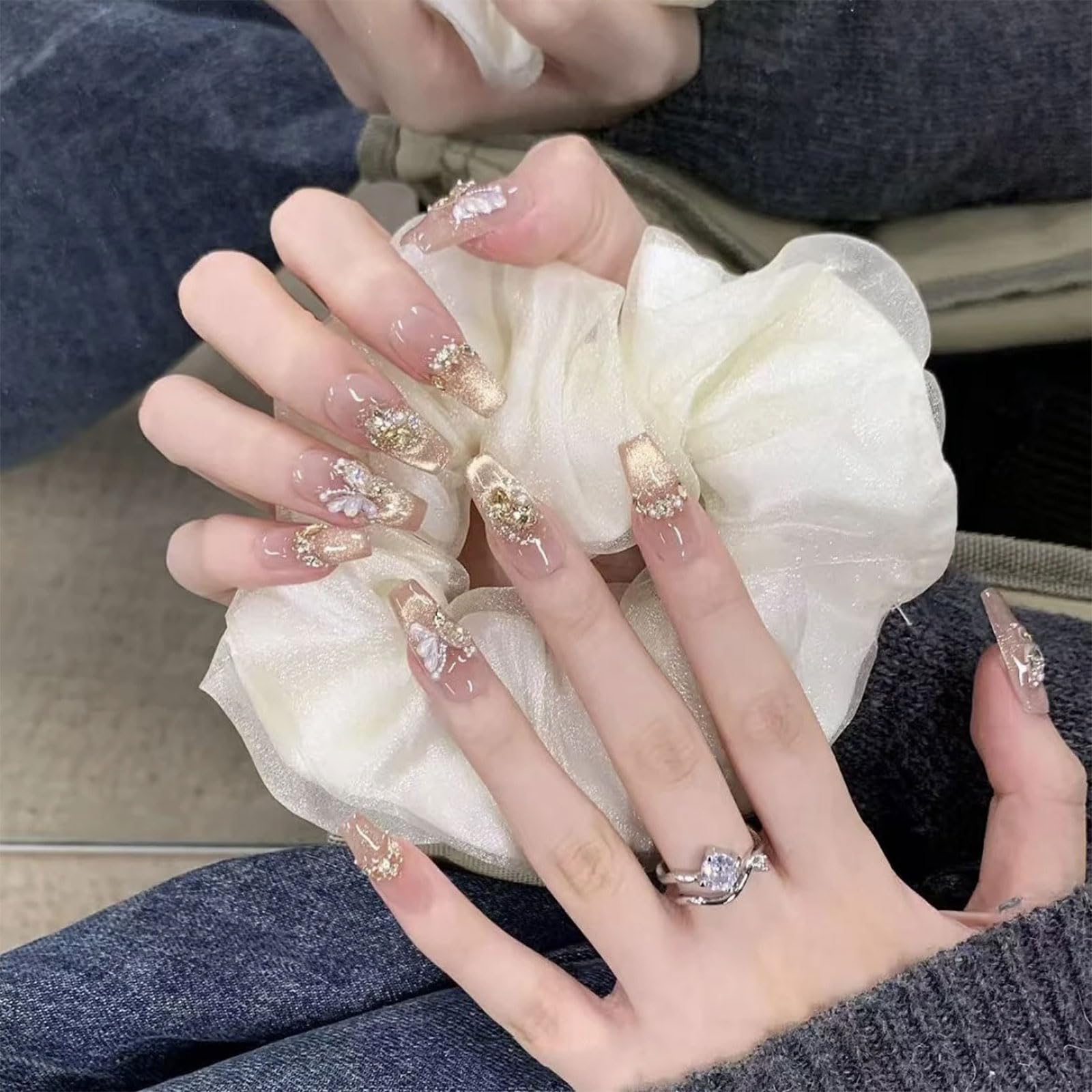 Sheepyo ネイルチップ ロング ピンク 手作り つけ爪 長め 可愛い 付け爪 シンプル 韓国 かわいい 人気 おしゃれ 光沢 立体 蝶 3D キラキラ 花嫁 結婚式 入学式 卒業式 成人式 (手作ネイル-3, S)