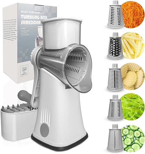 Rallador giratorio de queso con asa, trituradora de queso de manivela de cocina, mandolina y verduras con 5 cuchillas intercambiables, rallador