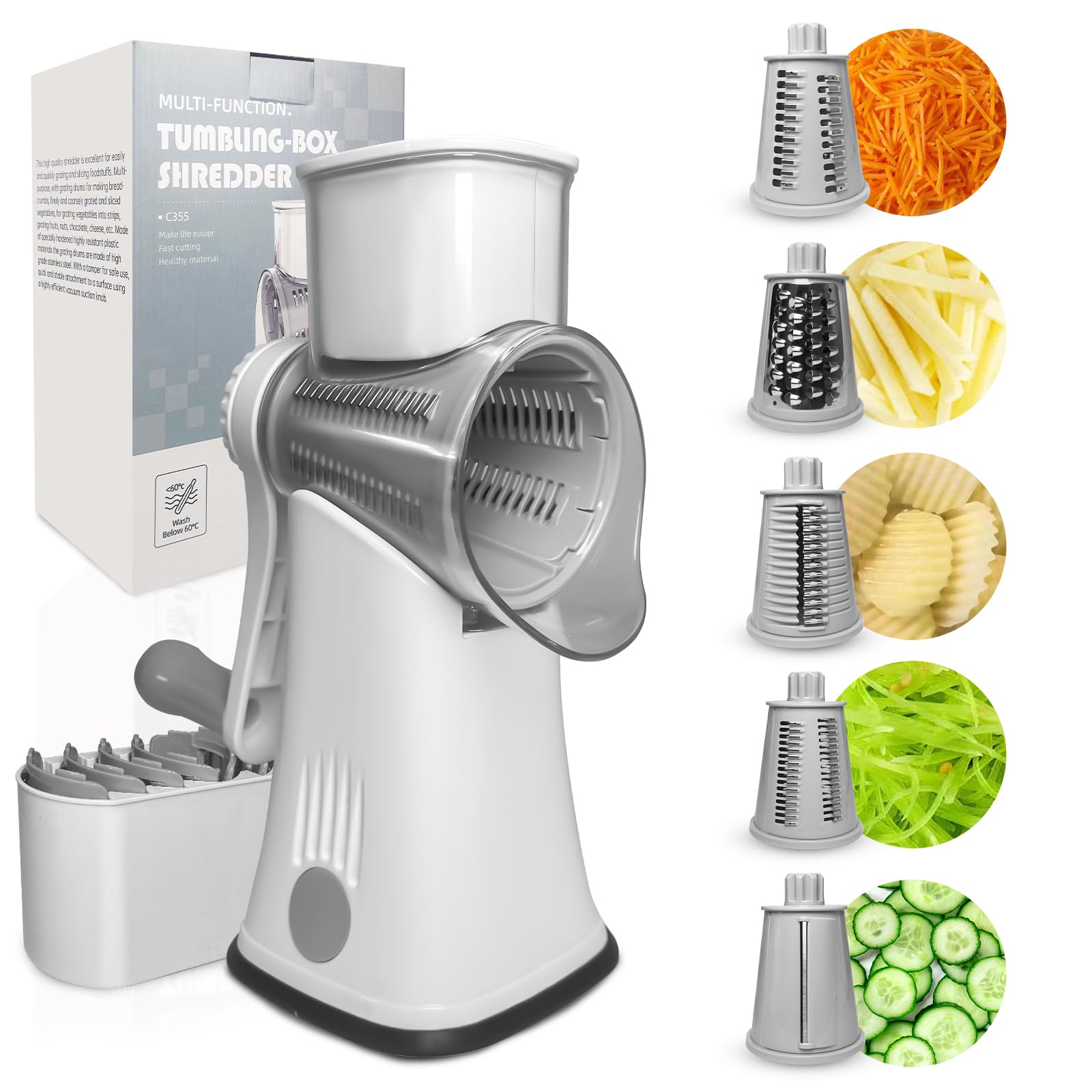 Rotary Cheese Grater with Handle, Hand Crank Cheese Shredder Kitchen Mandoline Vegetable Slicer with 5 Interchangeable Blades, Easy to Clean Rotary Grater for for Cheese Potato Nuts Chocolate