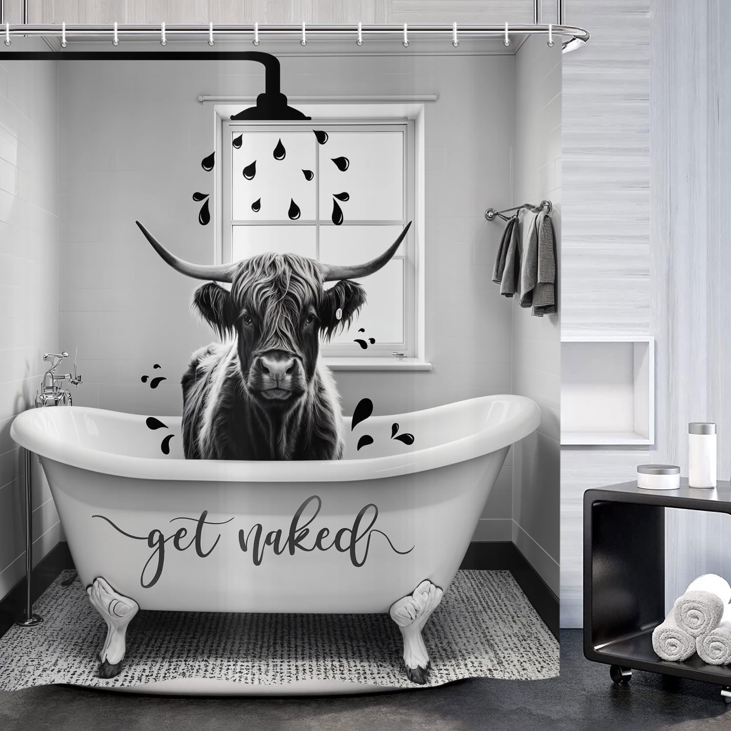 ASDCXZ Funny Cow Shower Curtain 180x240 cm, Rustic Grey Highland Cow Washing Vintage Farmhouse Wild Animal Waterproof Bath Curtain Polyester Textile Washable Shower Curtains for Bathtub with 12 Hooks