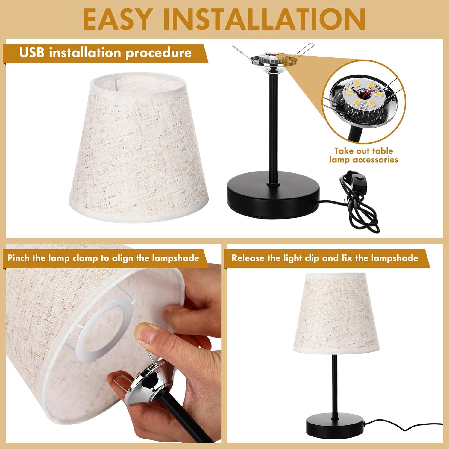 Gerrii 4 Pack Small Bedside Table Lamp with USB Powered, Tiny Wooden Bedroom Lamp with Stable Base Linen Shade 3000k Warm Eye-Care Night Light Nightstand Desk Lamps for Kid Living Room Kitchen(Metal)