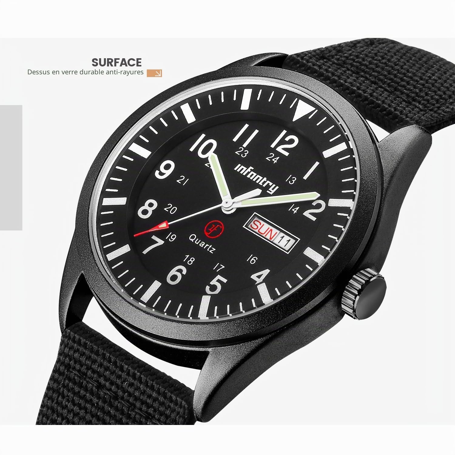 Infantry Military Watches for Men, Mens Field Wrist Watch for Tactical Outdoor Sport, Army Work Analogue Wristwatch, Date Day Display, 50M Waterproof, Black Nylon Strap