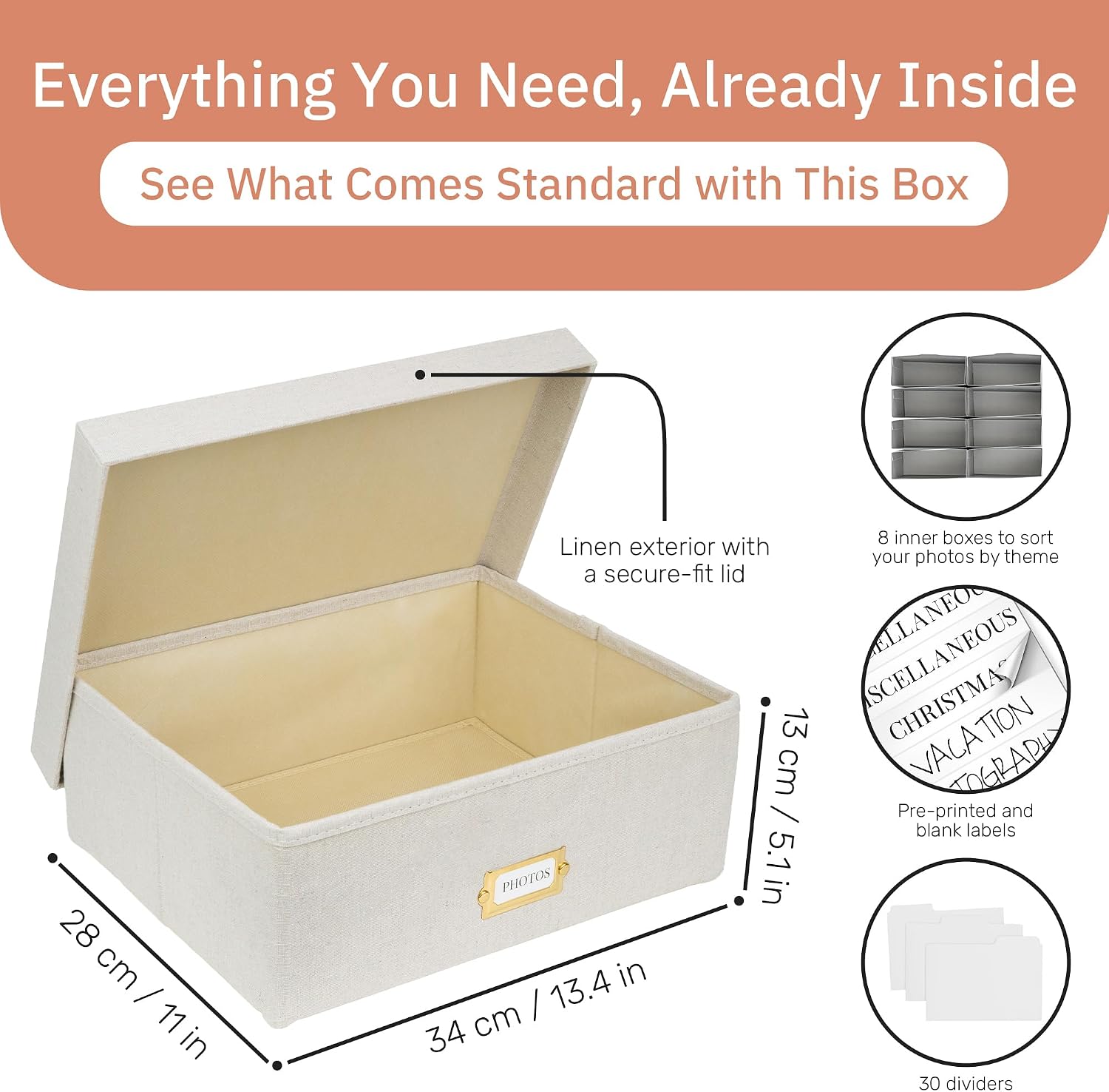 UCO Photo Box with Lid, 4x6 In, Linen Storage Box, Dividers & Labels, Beige