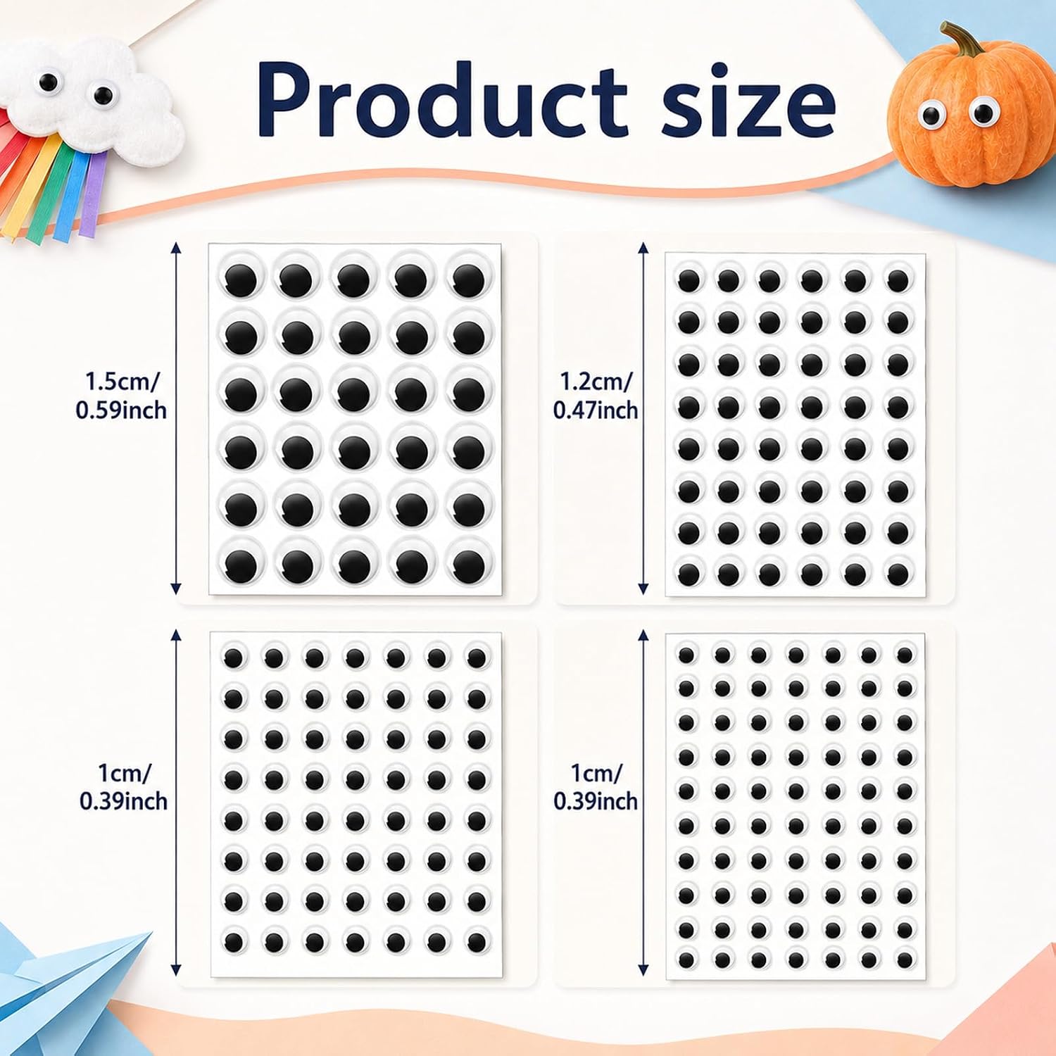 Ymapinc 4 Sheets Googly Eye Stickers, DIY Crafts in 8/10/12/15mm