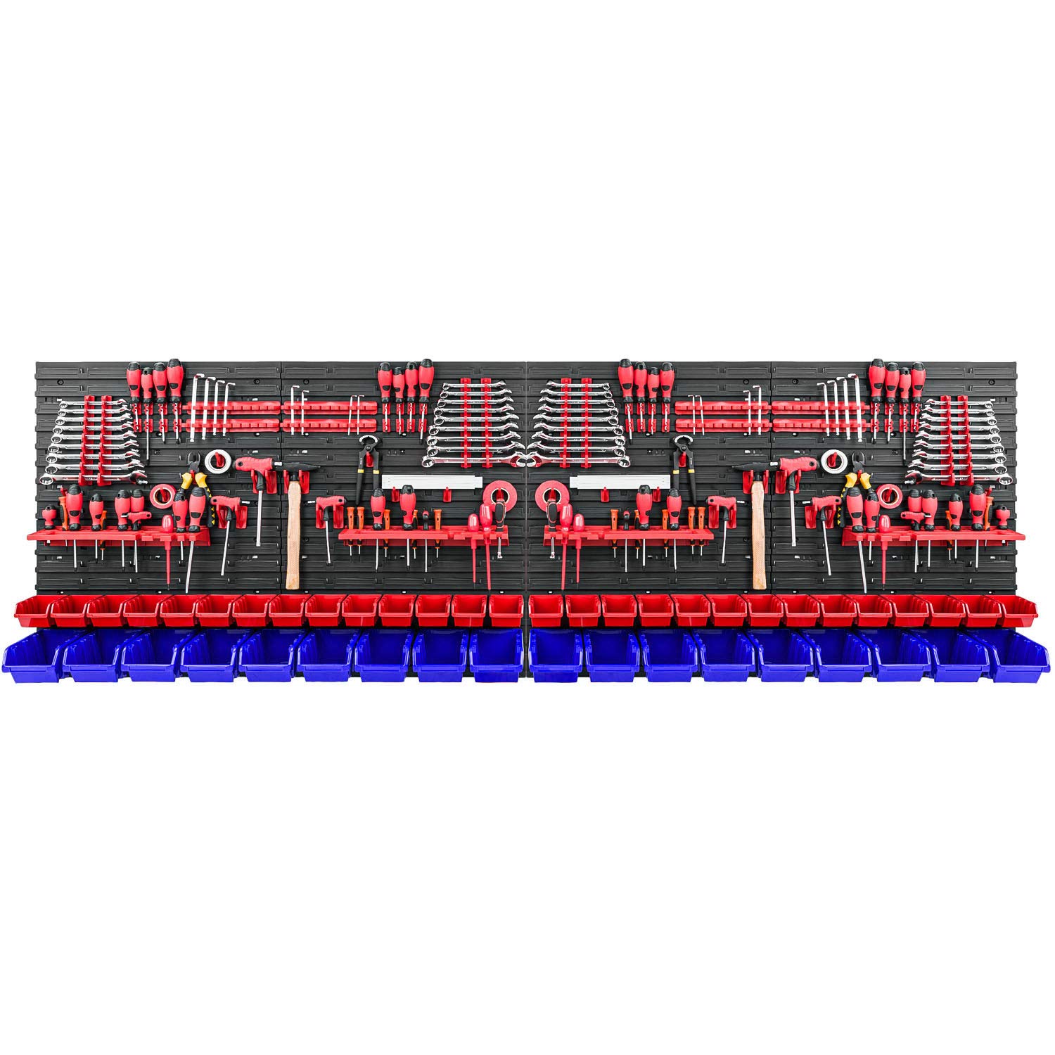 Werkzeugwand Stapelboxen - 2304 x 780 mm - Lagersystem SET Werkzeughaltern und 46 Rot/Blau Boxen - Wandregal Werkstattregal Lochwand Schüttenregal Sichtlagerkästen