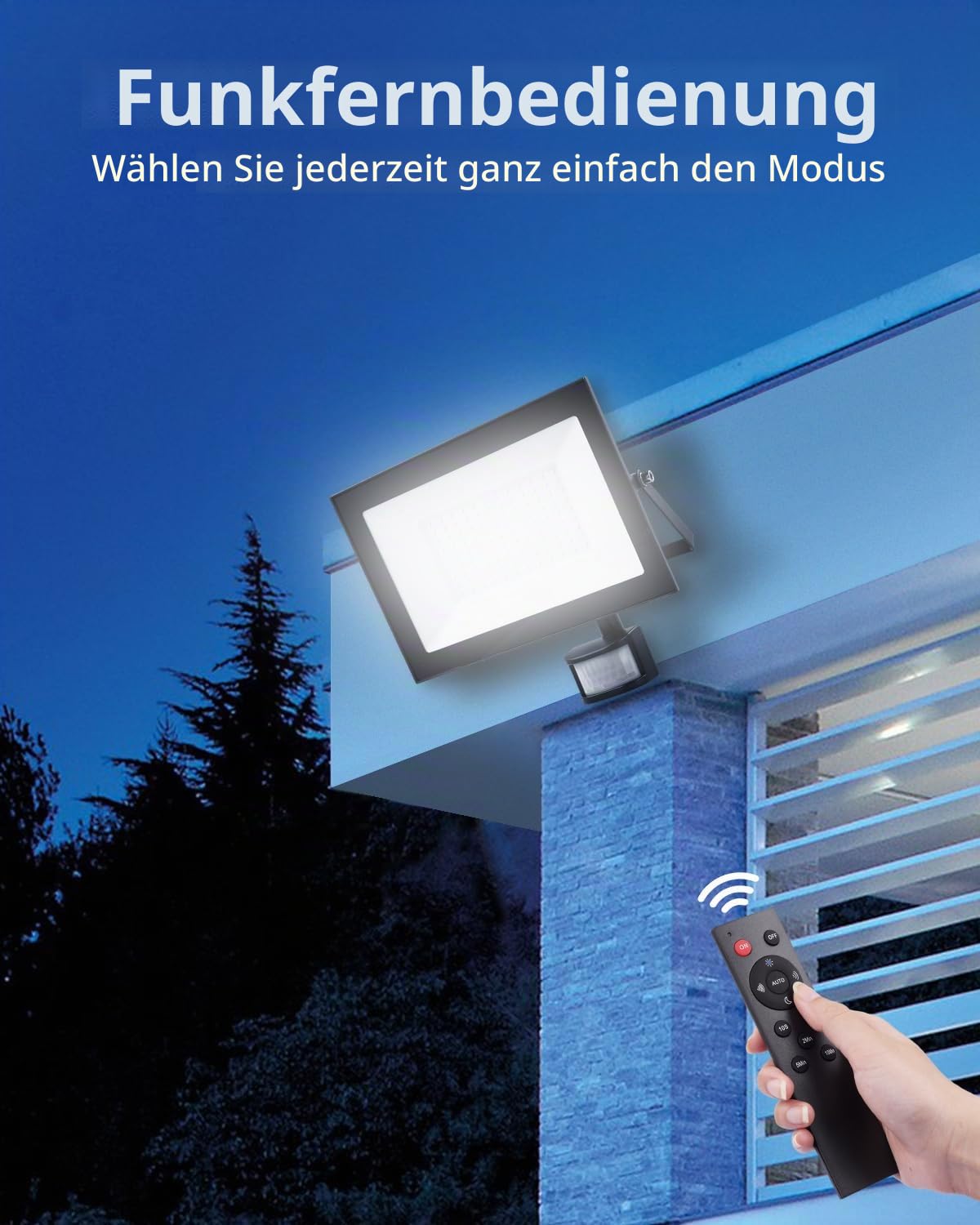 LED Strahler mit Bewegungsmelder Außen, 100W 10000LM Scheinwerfer mit Fernbedienung, IP66 Wasserdicht LED Fluter, 6500K Kaltweiß Superhell LED Außenstrahler für Garten, Innenhöfe, Garage
