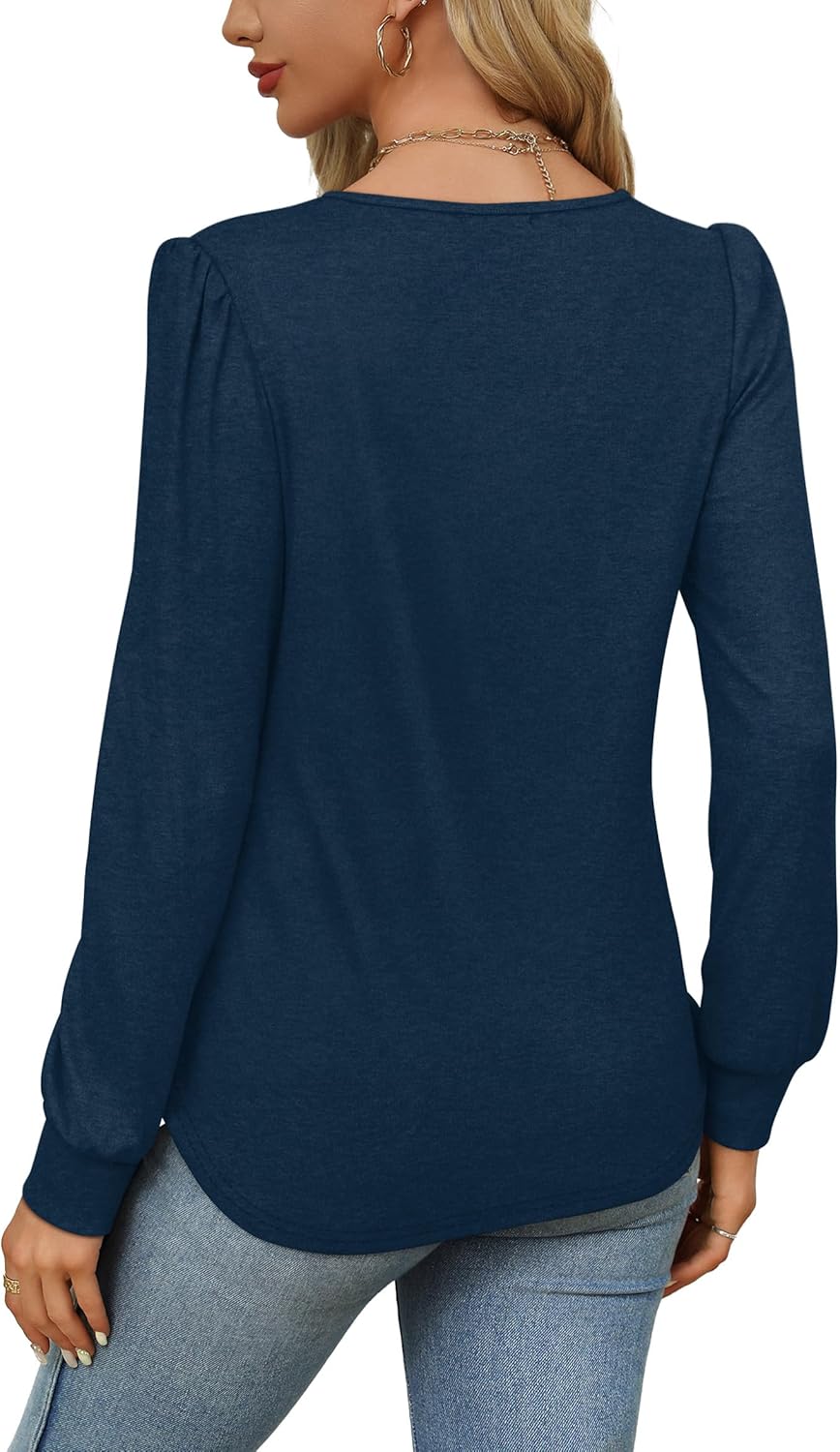 OFEEFAN Long Sleeve Shirts for Women Fall Tops Dressy Casual Blouses Pleated Scooped Neck Tunic Tops for Leggings - Image 5