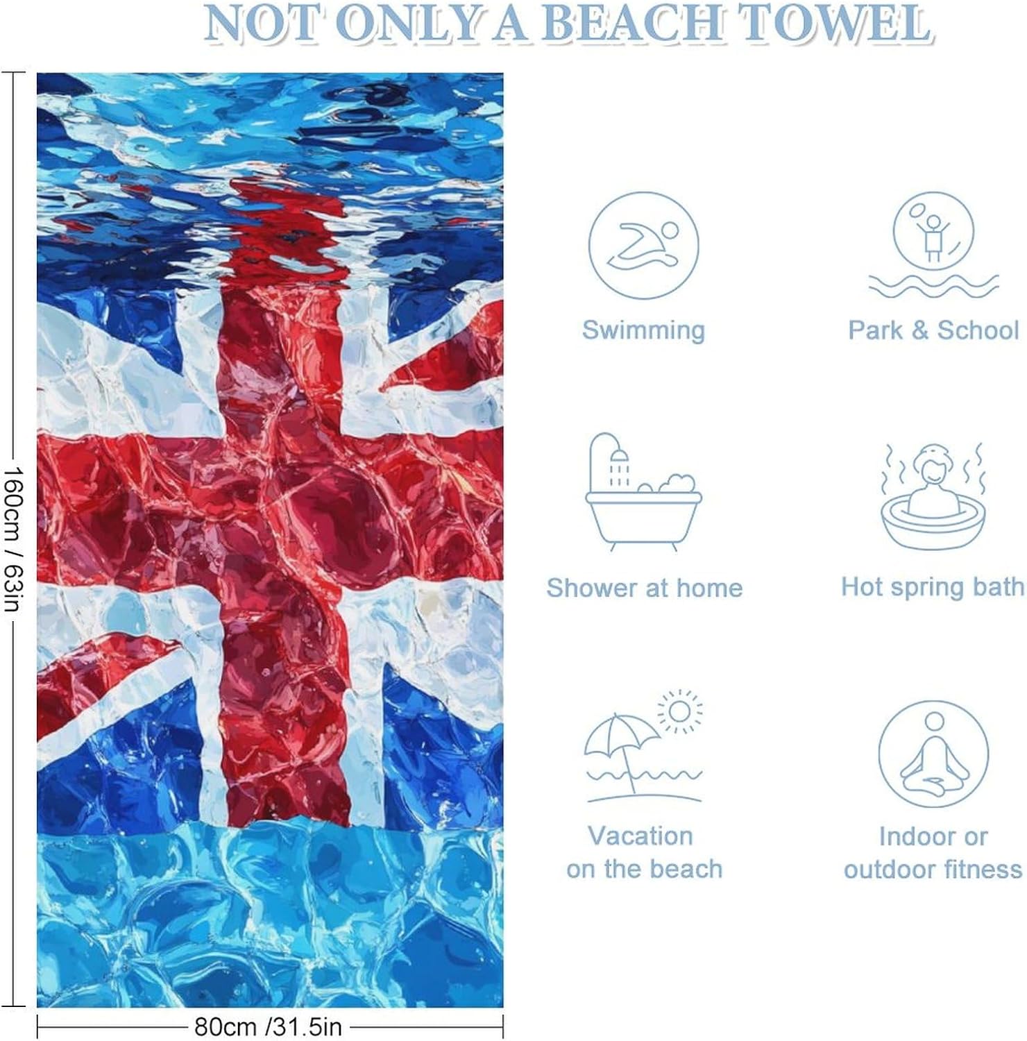 United Kingdom Flag in Water Beach Towels Oversized Jumbo Large Yoga Bath Towel for Pool Yoga Swim Body 160x80cm