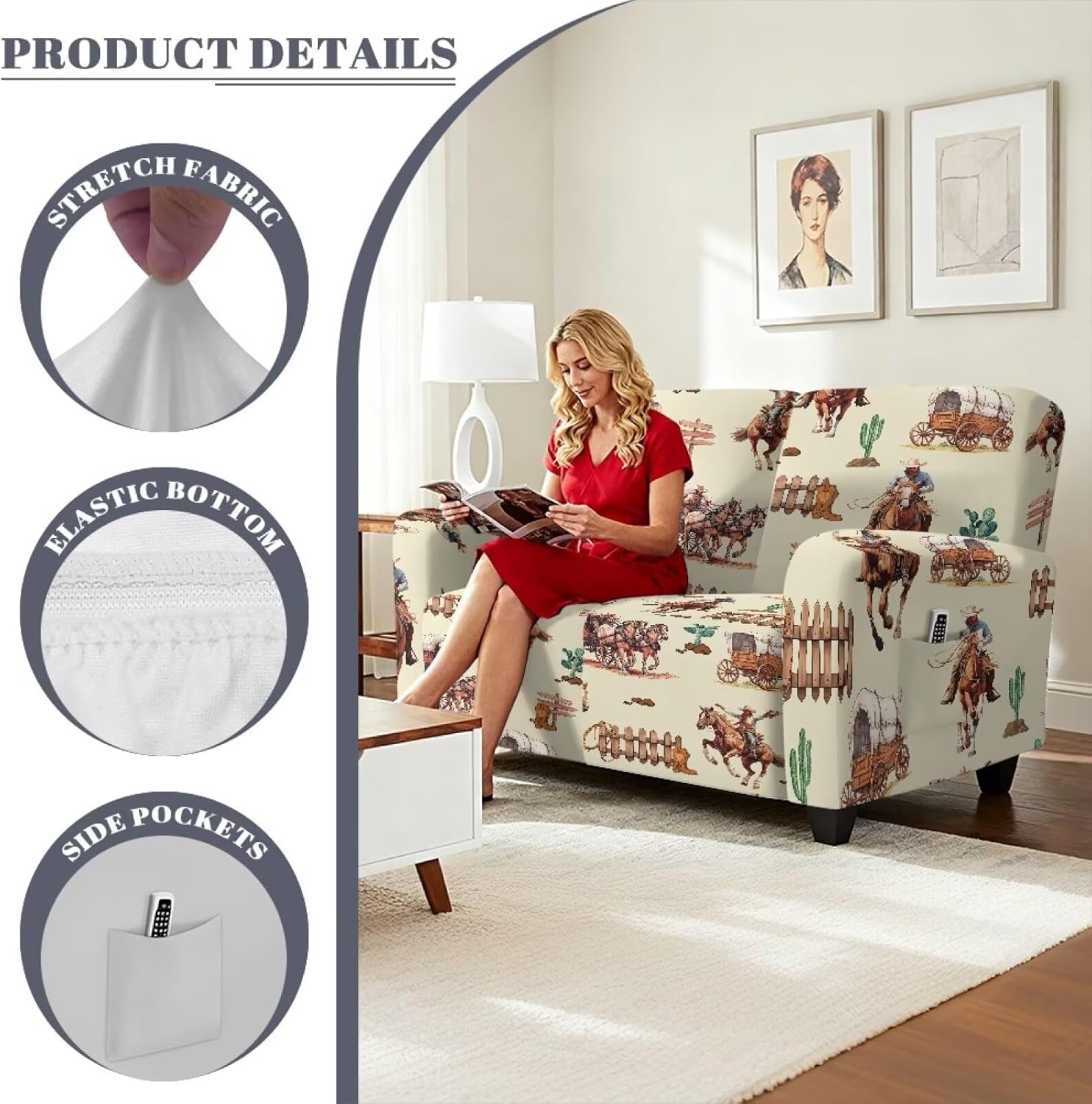Horse Printed Furniture Covers for 2 Seat Loveseat Recliner Couch, Stretch Recliner Loveseat Cover Lazy Boy Reclining Slipcover with Pockets