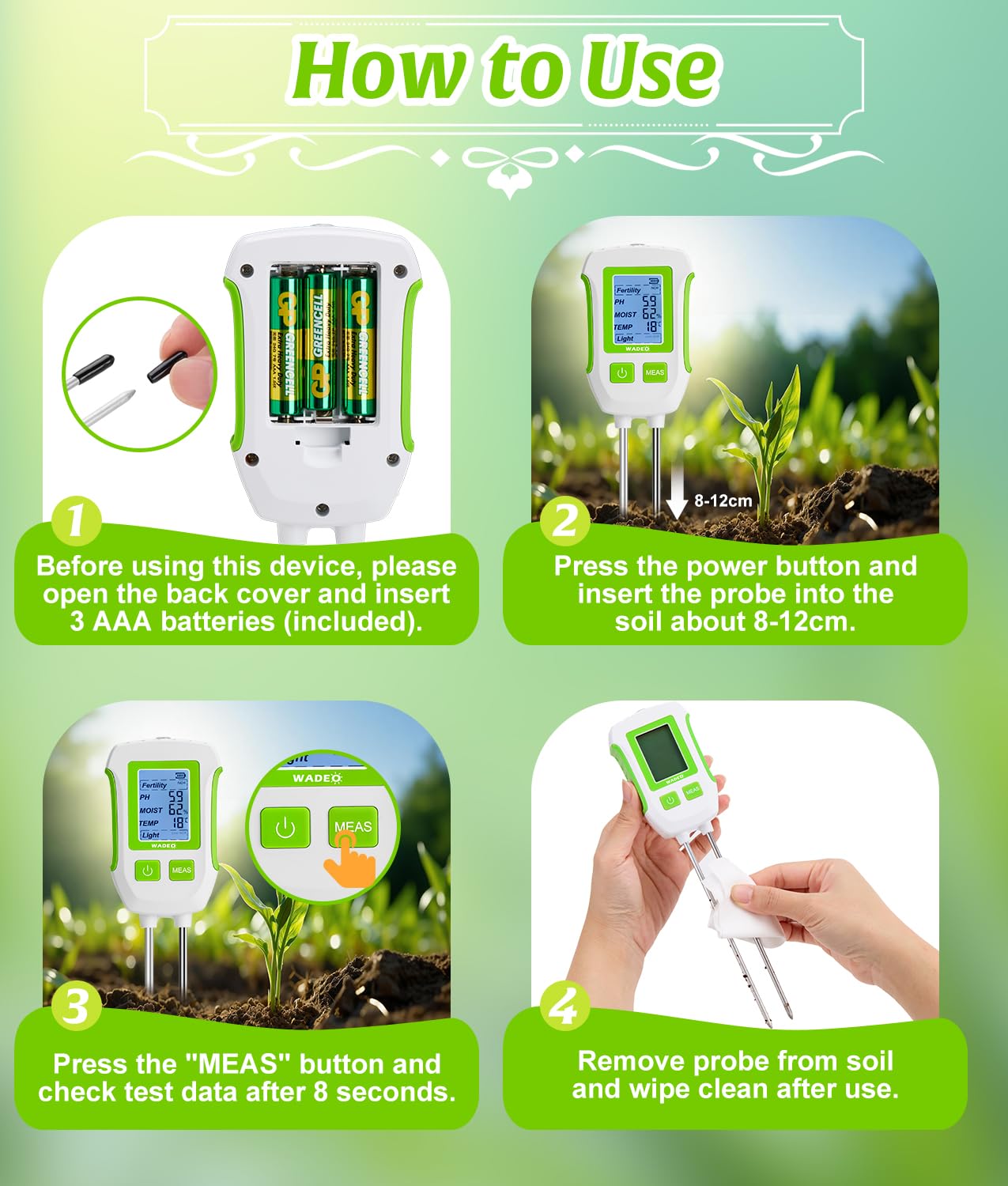 WADEO Medidor de suelo 5 en 1 para temperatura/fertilidad/humedad del suelo/pH/luz solar, pantalla LCD con retroiluminación, medidor digital de suelo para jardinería y agricultura