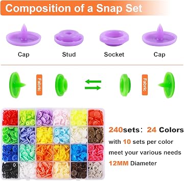 Plastic Snaps for Fabric with Pink Snap Pliers, 240 Sets Snap Button Kit