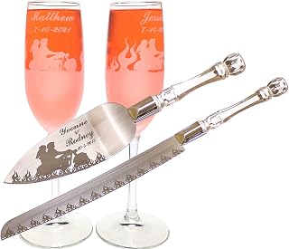 Motorcycle Flaming Biker Toasting Wedding Flute glasses & Cake Knife server set with names and date