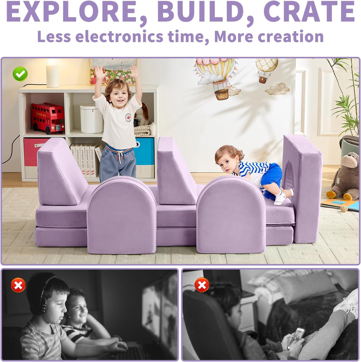 wanan Kids Couch 10PCS, Modular Kids Play Couch for Playroom Bedroom, 10 in 1 Multifunctional Kid Sofa for Playing, Creativing, Sleeping, Indoor Toddler Couches for Boys and Girls (Blueberry)