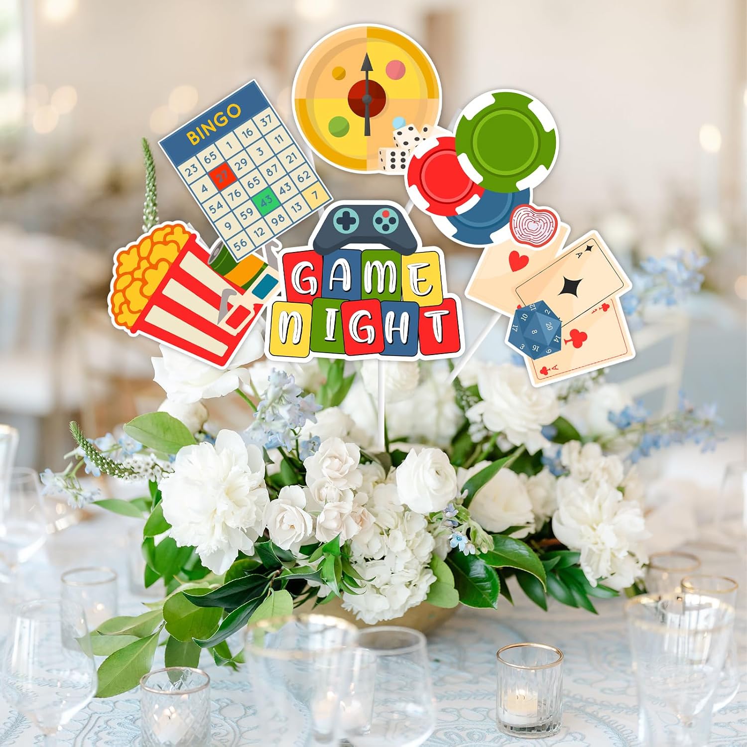 Game Night Decorations, 24 Piece Game Night Party Table Centerpiece Stick Double-Sided Table Decorations for Family Gaming Bingo Themed Party Decoration image 2