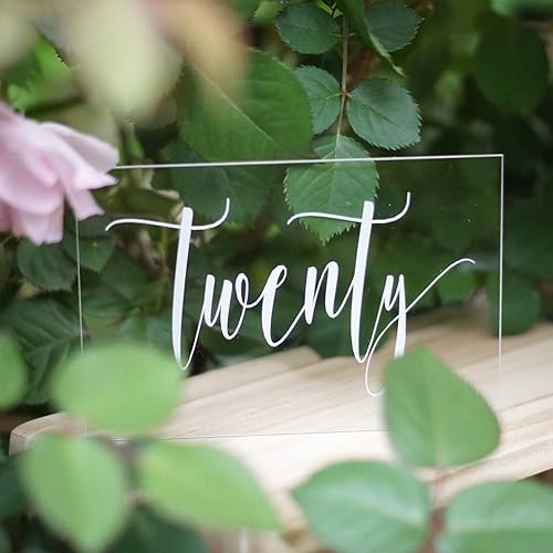 Cedar and Ink Mesa de boda acrílica números 1-20, letreros de boda acrílicos con letras de caligrafía, eventos de recepción rústicos como vidrio,