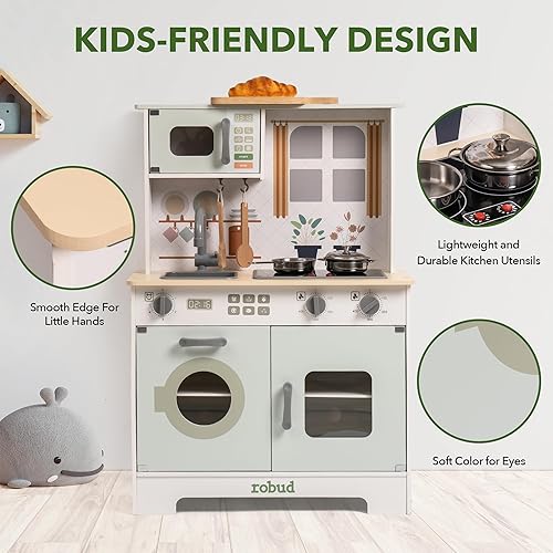 Miniatura 2 de ROBUD Juego de cocina para niños, juego de cocina de madera para niños, regalo de cocina de juguete para niños y niñas, aspecto limpio y moderno, a
