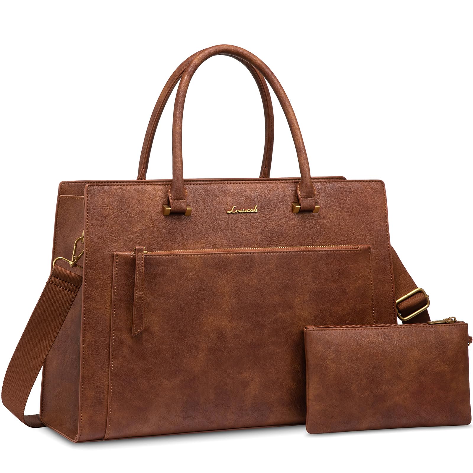 LOVEVOOK Laptop Bag for Women, 15.6 Inch Leather Tote Bag with Cup Holder &amp; Detachable Clutch, Waterproof Professional Briefcase for Office, Business, Teacher, Commuting, Vintage Brown