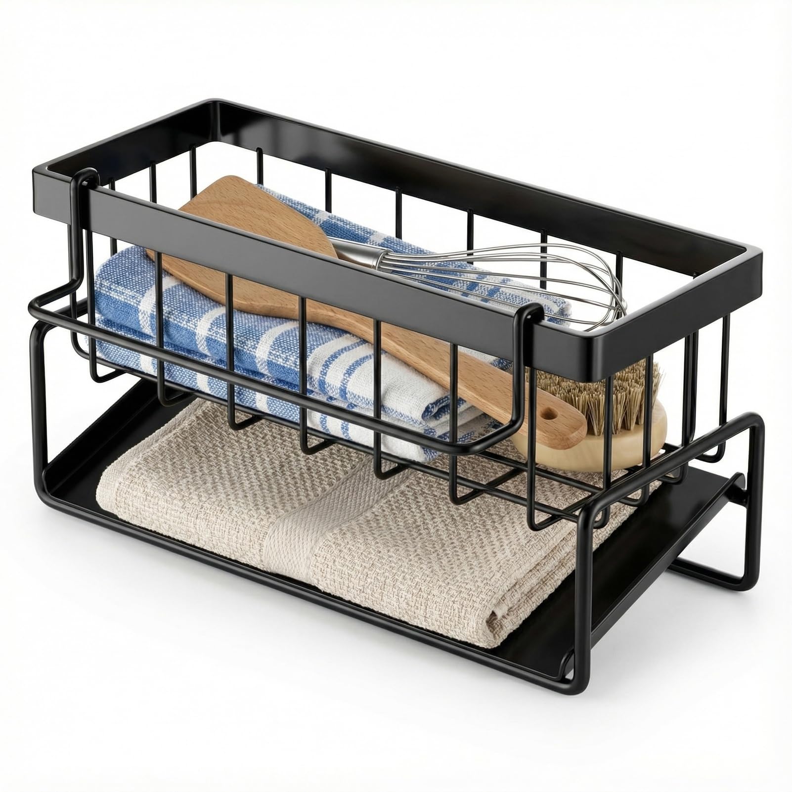 Coone Black Self-Draining​ ​Sink Caddy, ​Rustproof​ ​Carbon Steel​ ​Kitchen Organiser​ With ​Hook Holder, For Countertop ​Sponge​ And Utensil Storage (, 23.5X9x10.5cm)