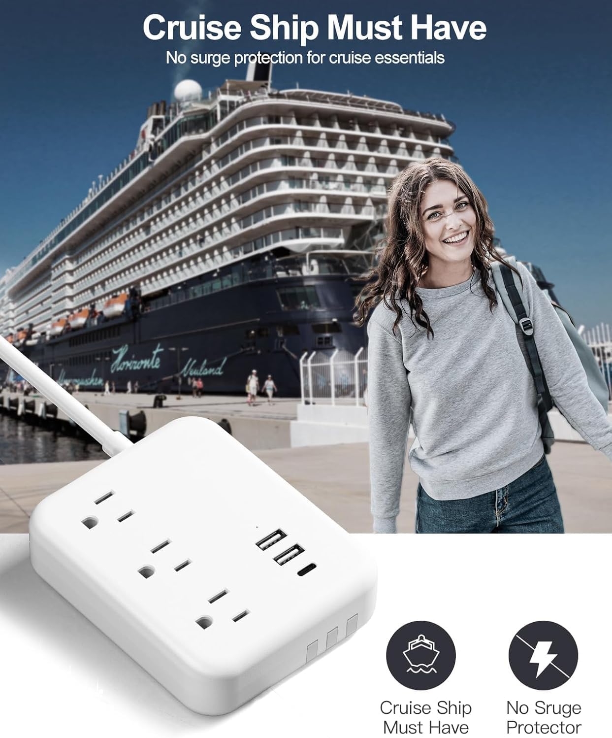 Travel Power Strip with 3 Built-in Cables, Flat Plug Extension Cord with 3 outlets, 6 USB Ports, Flat 5FT Extension Cord for Travel Cruise Dorm Room Office Essentials, White