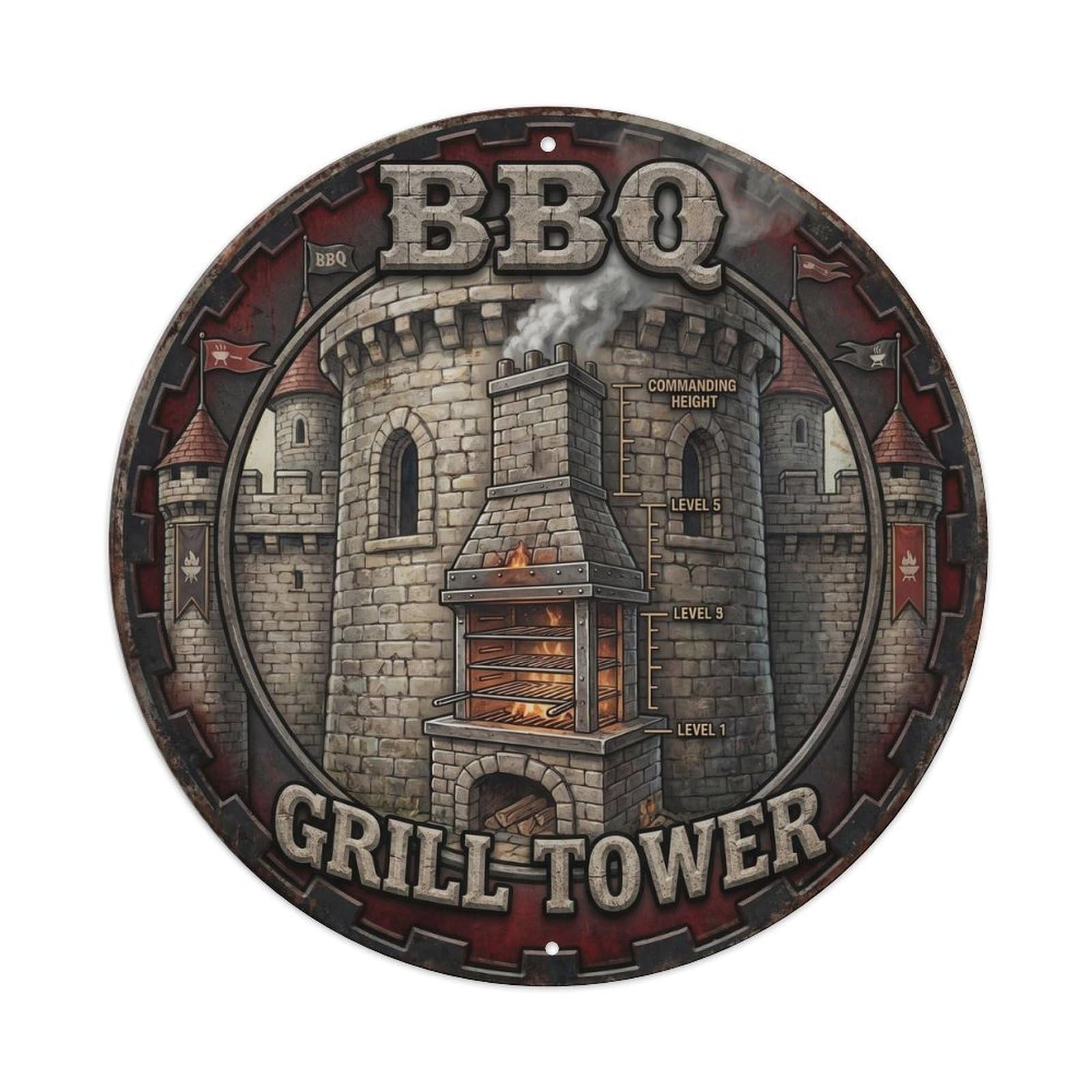 BBQ Barbecue Grill Tower Vintage Metal Tin Sign Plaque Wall Decor for Cafe, Club, Garden Round Metal Poster 8x8Inch