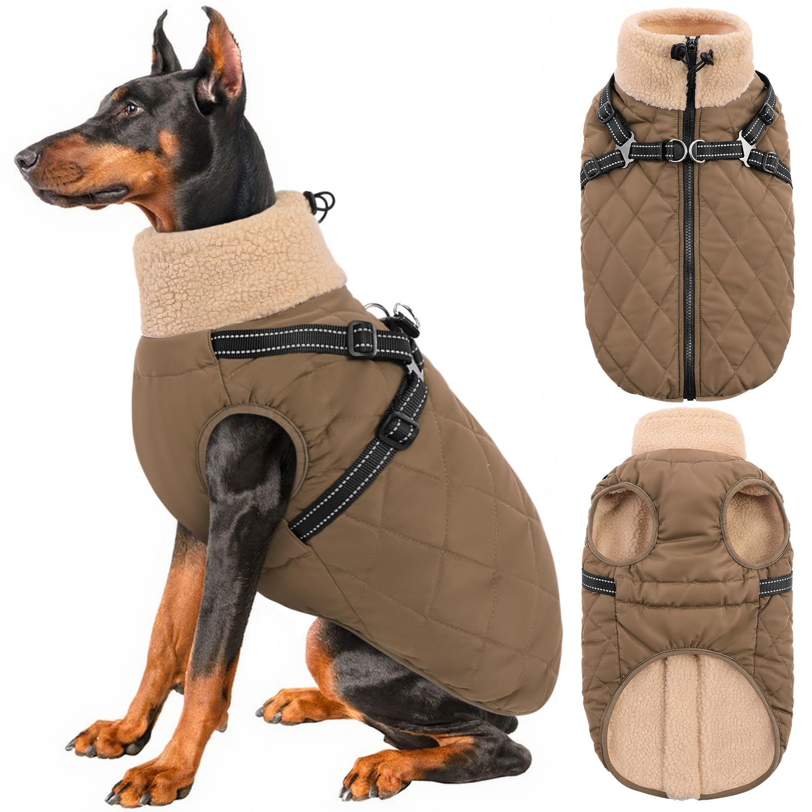 Queenmore Reflective Waterproof Dog Jacket with Harness - Stormproof Dachshund Coat for Large Breeds Labrador Golden Retriever St. Bernard Cold Weather(Brown, 2XL) โ image 1