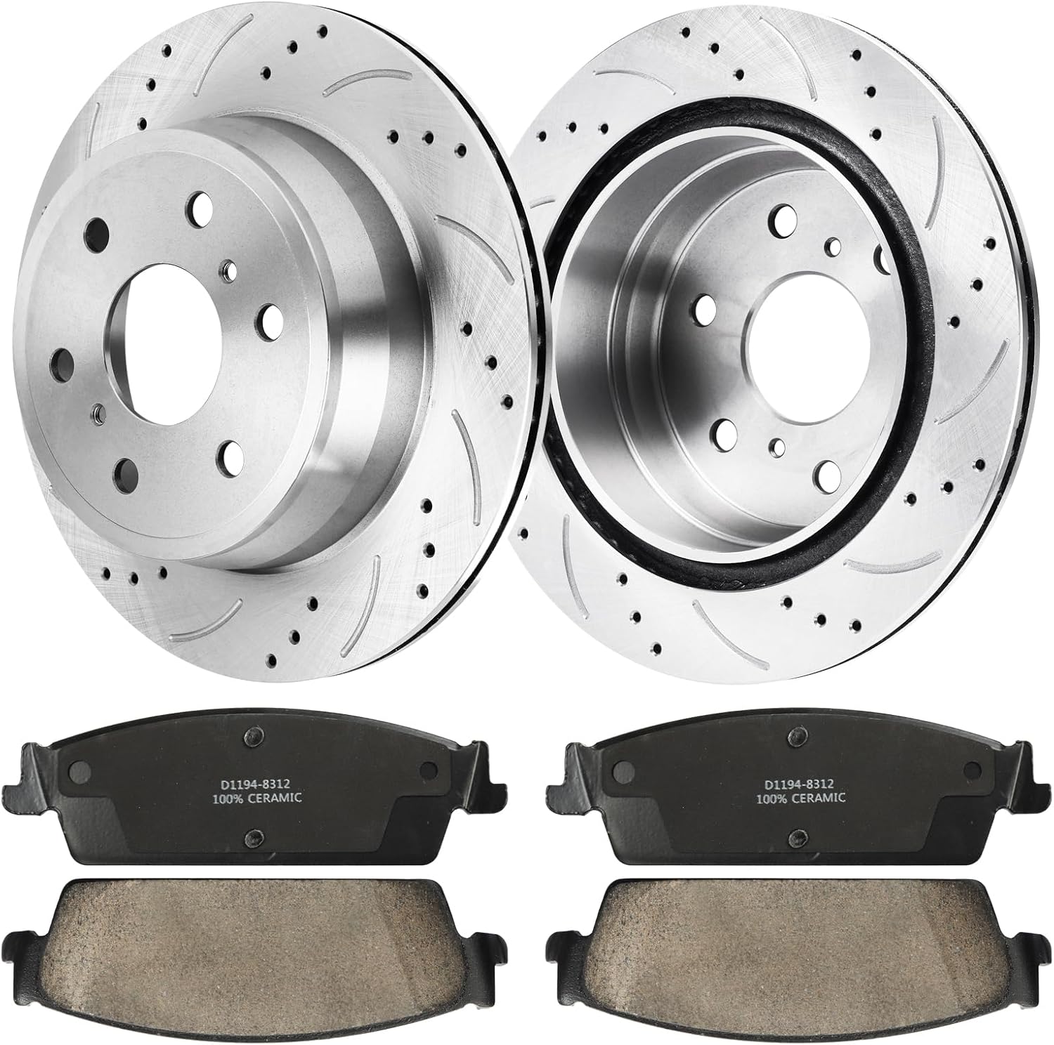 Rear Brake Kit Replacement for Cadillac Escalade ESV Chevrolet Silverado 1500 Suburban Tahoe GMC Sierra 1500 Yukon 2007-2014 Drilled Slotted Brake Rotors Replacement Ceramic Brakes Pads