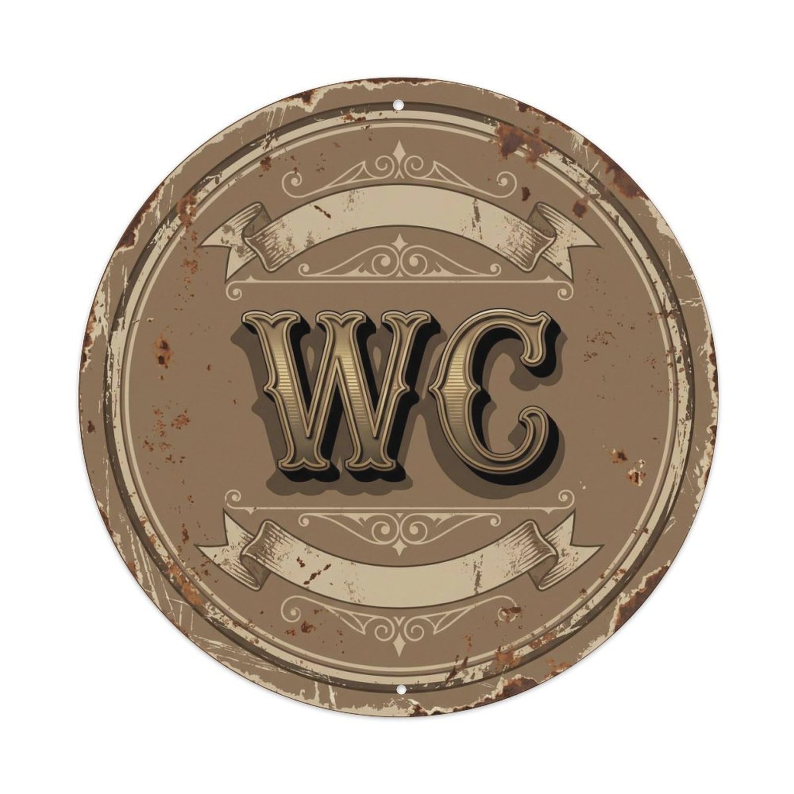 Toilet （WC） Distressed Cappuccino Shield Metal Tin Sign Plaque Wall Decor for Cafe, Club Bar, Office, Home Garden Round Metal Poster 8x8Inch
