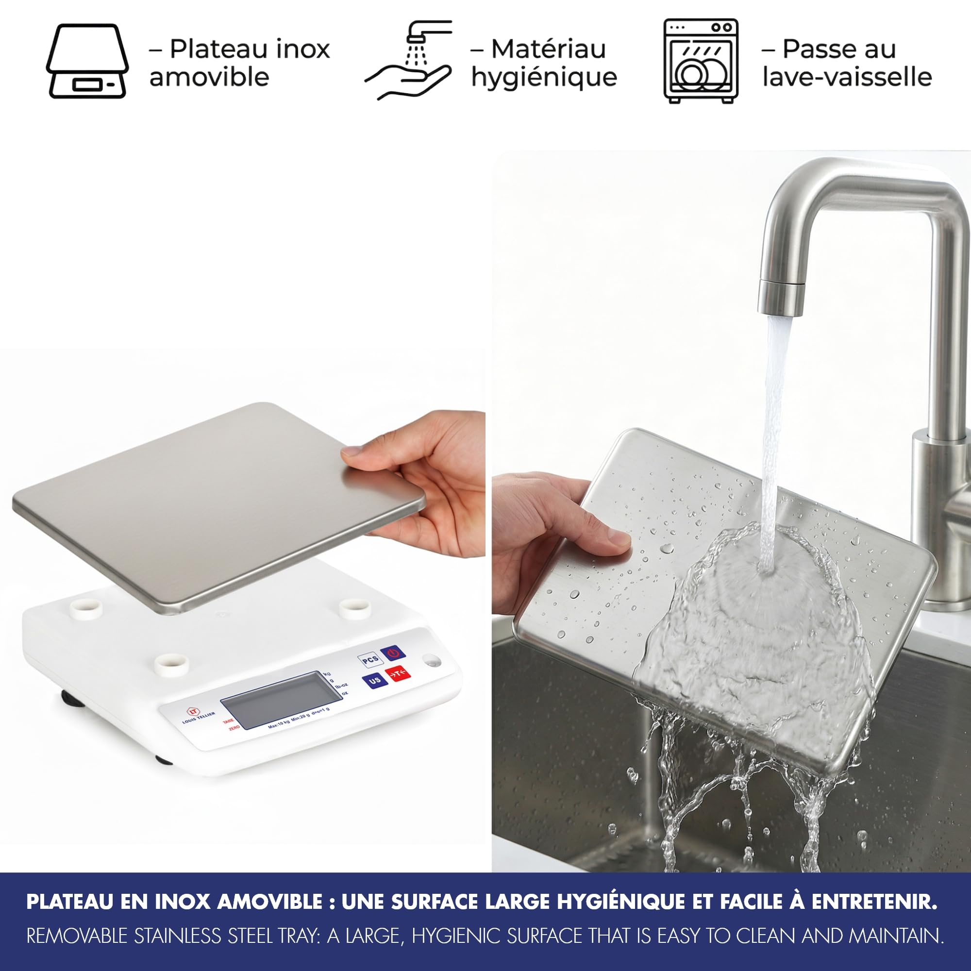 LOUIS TELLIER - Balance Électronique Professionnelle - IP53 - Alimentaire - Cuisine - Boulangerie - Charcuterie - Multifonction - Plateau Inox Amovible - 22 x 16,5 cm - 10 kg - Précision 1 g