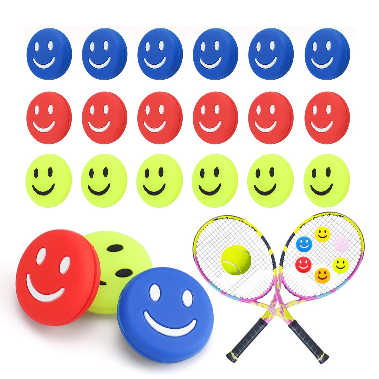 Antivibradores Raqueta Tenis, 18 Piezas Silicona, Absorción de Impactos, Patrón Sonriente, Varios Colores, Ideal para Raquetas Tenis y Bádminton