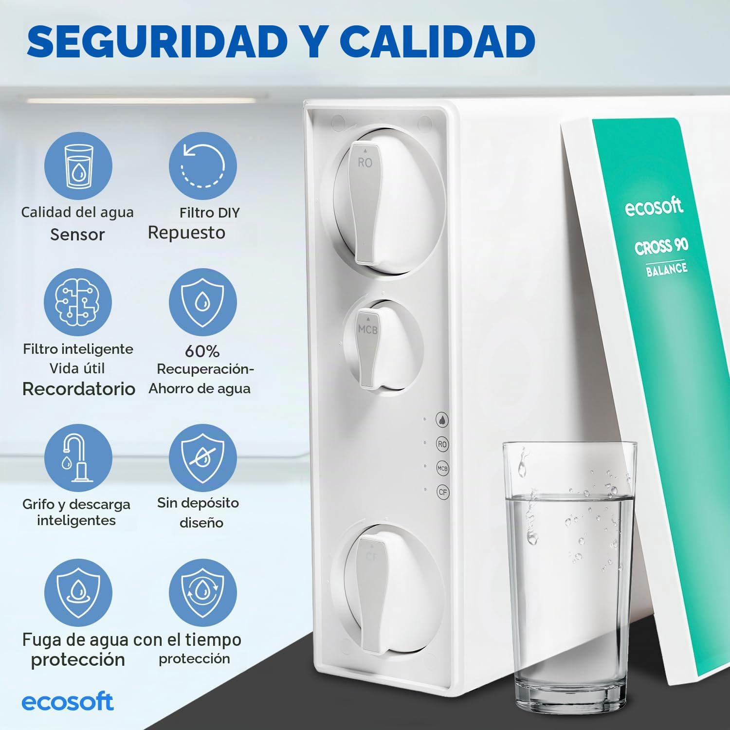 Ecosoft CROSS 90 Balance Filtro de Ósmosis Inversa - Diseño Compacto, 1,5 L/min Alta Tasa de Flujo, Pantalla Inteligente, Tasa de Recuperación del 60%, Componentes Certificados NSF/ANSI 58